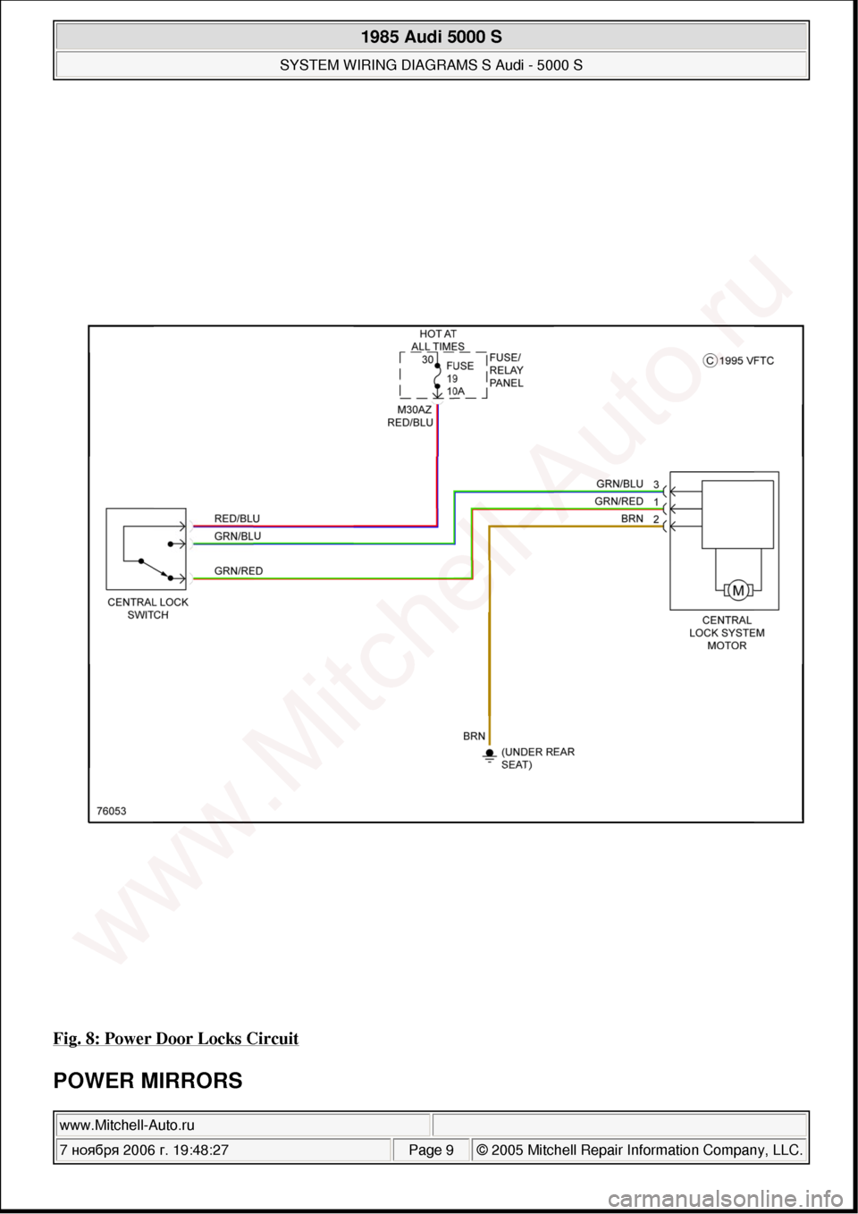 AUDI 5000S 1985 C2 System Wiring Diagram 
Fig. 8: Power Door Locks Circuit 
POWER MIRRORS 
 
1985 Audi 5000 S 
SYSTEM WIRING DIAGRAMS S Audi - 5000 S  
www.Mitchell-Auto.ru  
7 ноября  2006 г. 19:48:27Page 9 © 2005 Mitchell Repair In