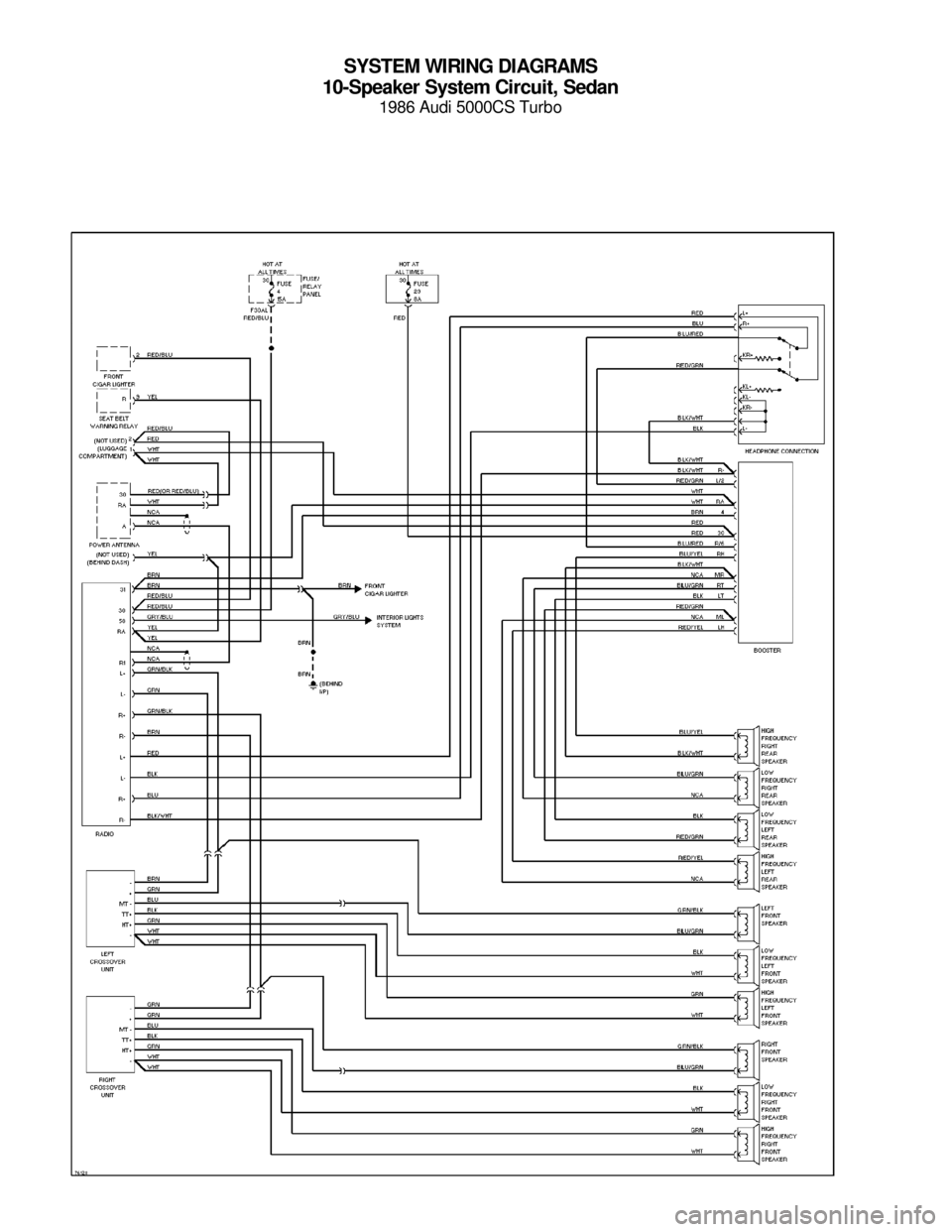 AUDI 5000CS 1986 C2 System Wiring Diagram SYSTEM WIRING DIAGRAMS
10-Speaker System Circuit, Sedan
1986 Audi 5000CS Turbo
For x    
Copyright © 1998 Mitchell Repair Information Company, LLCMonday, July 19, 2004  05:53PM 