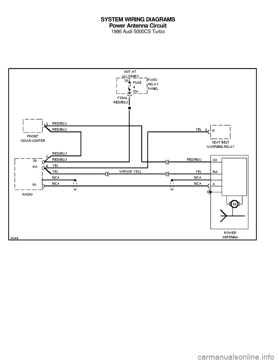 AUDI 5000CS 1986 C2 System Wiring Diagram SYSTEM WIRING DIAGRAMS
Power Antenna Circuit
1986 Audi 5000CS Turbo
For x    
Copyright © 1998 Mitchell Repair Information Company, LLCMonday, July 19, 2004  05:52PM 