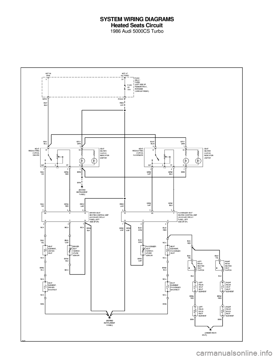 AUDI 5000CS 1986 C2 System Wiring Diagram SYSTEM WIRING DIAGRAMS
Heated Seats Circuit
1986 Audi 5000CS Turbo
For x    
Copyright © 1998 Mitchell Repair Information Company, LLCMonday, July 19, 2004  05:52PM 