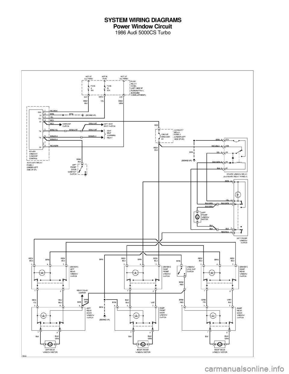 AUDI 5000CS 1986 C2 System Wiring Diagram SYSTEM WIRING DIAGRAMS
Power Window Circuit
1986 Audi 5000CS Turbo
For x    
Copyright © 1998 Mitchell Repair Information Company, LLCMonday, July 19, 2004  05:52PM 