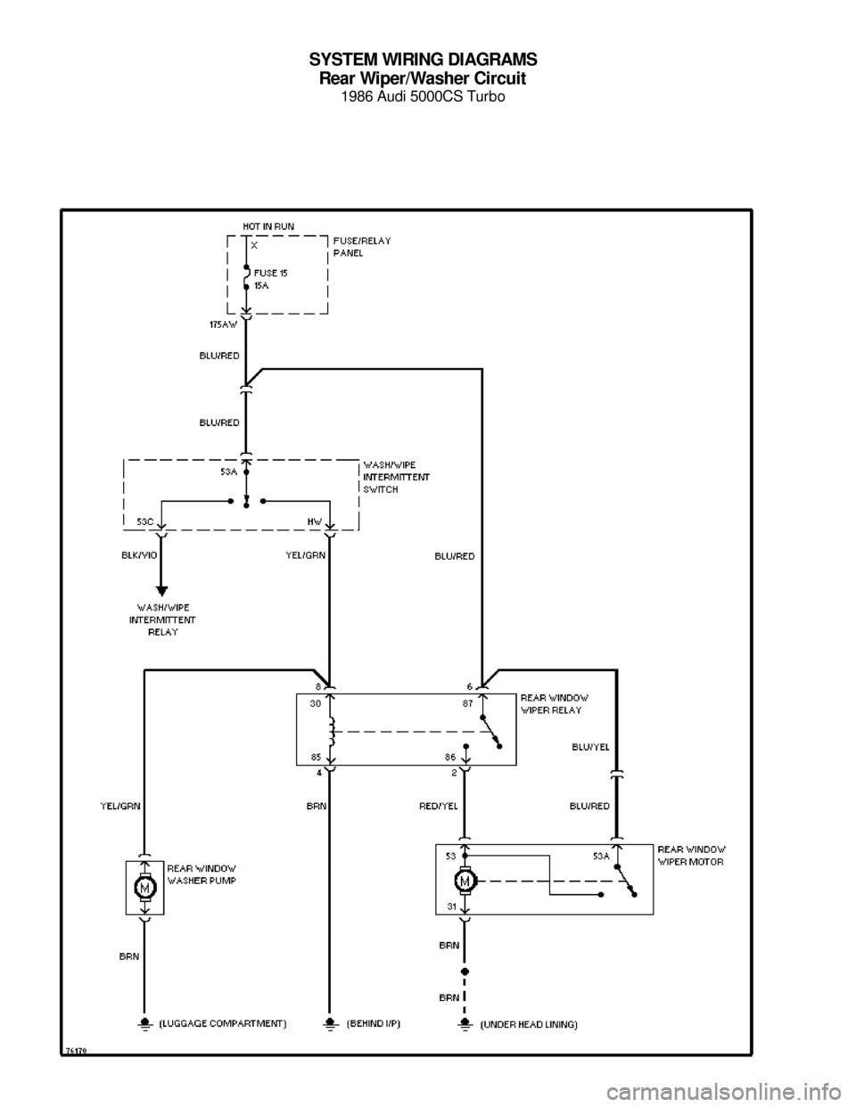 AUDI 5000CS 1986 C2 System Wiring Diagram SYSTEM WIRING DIAGRAMS
Rear Wiper/Washer Circuit
1986 Audi 5000CS Turbo
For x    
Copyright © 1998 Mitchell Repair Information Company, LLCMonday, July 19, 2004  05:53PM 