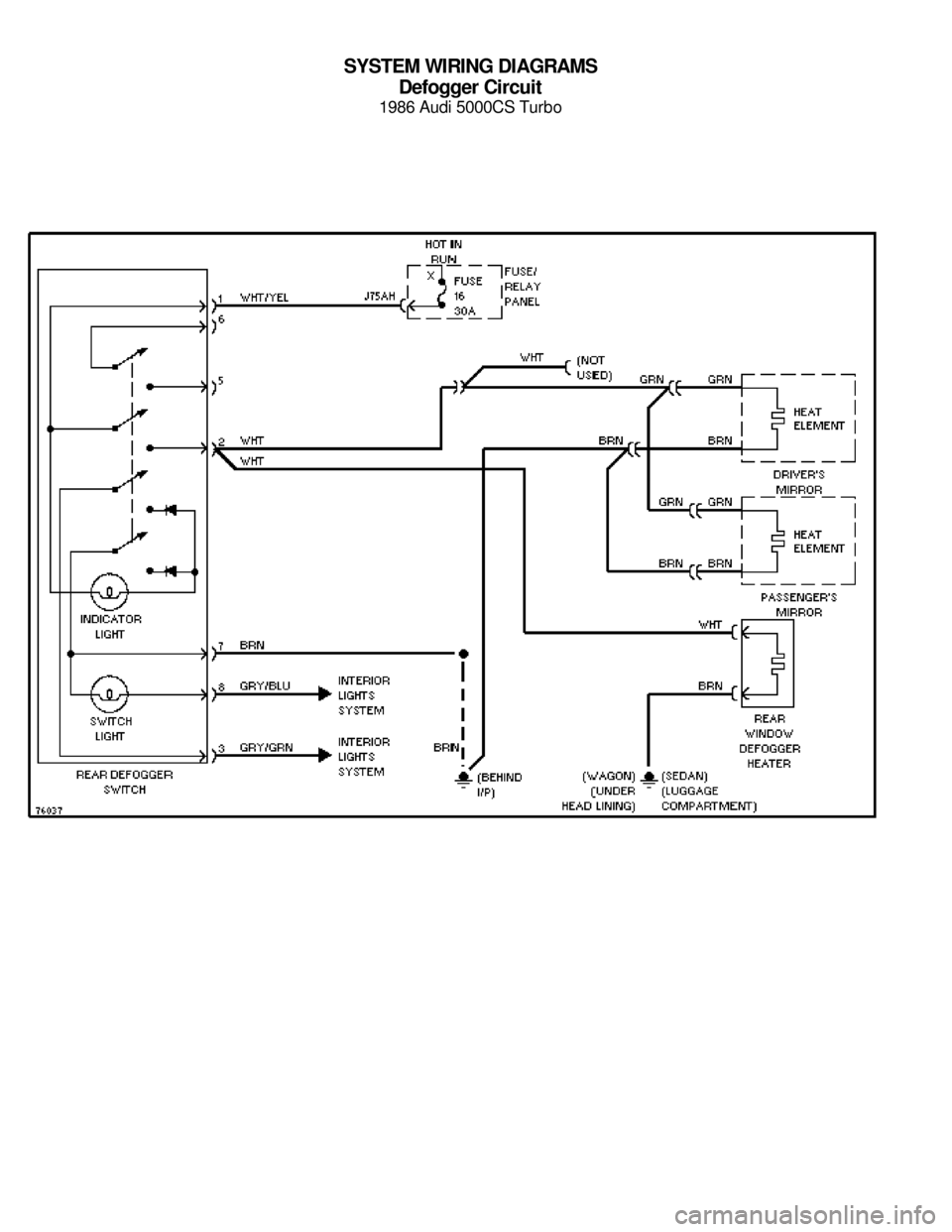 AUDI 5000CS 1986 C2 System Wiring Diagram SYSTEM WIRING DIAGRAMS
Defogger Circuit
1986 Audi 5000CS Turbo
For x    
Copyright © 1998 Mitchell Repair Information Company, LLCMonday, July 19, 2004  05:51PM 