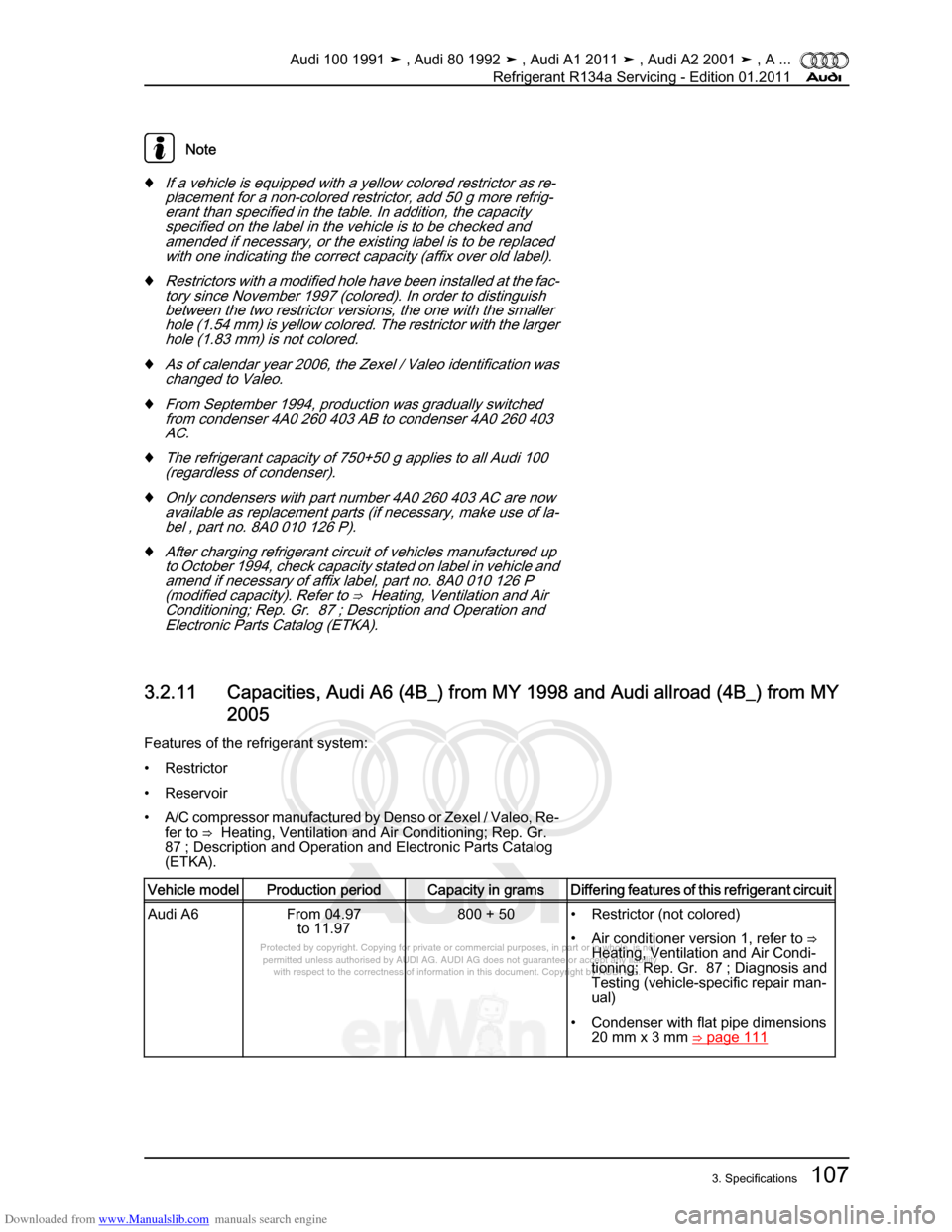 AUDI 100 1991 44 Refrigerant R134a Servising Workshop Manual Downloaded from www.Manualslib.com manuals search engine Protected by copyright. Copying for private or commercial purposes, in p\
art or in whole, is not  
 permitted unless authorised by AUDI AG. AU