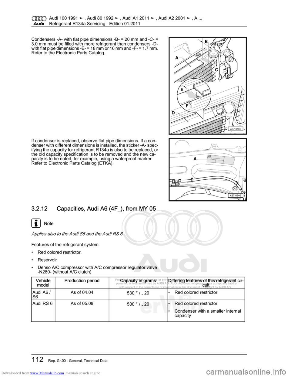 AUDI 100 1991 44 Refrigerant R134a Servising Workshop Manual Downloaded from www.Manualslib.com manuals search engine Protected by copyright. Copying for private or commercial purposes, in p\
art or in whole, is not  
 permitted unless authorised by AUDI AG. AU