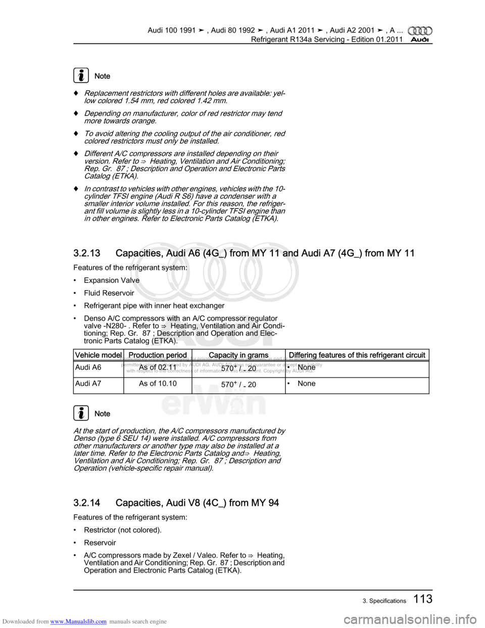 AUDI 100 1991 44 Refrigerant R134a Servising Workshop Manual Downloaded from www.Manualslib.com manuals search engine Protected by copyright. Copying for private or commercial purposes, in p\
art or in whole, is not  
 permitted unless authorised by AUDI AG. AU