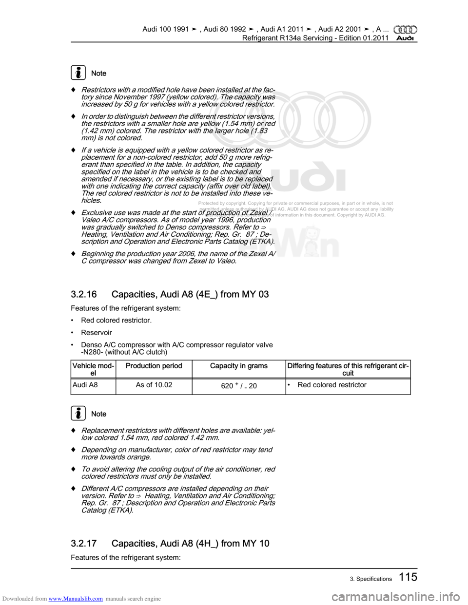 AUDI 100 1991 44 Refrigerant R134a Servising Workshop Manual Downloaded from www.Manualslib.com manuals search engine Protected by copyright. Copying for private or commercial purposes, in p\
art or in whole, is not  
 permitted unless authorised by AUDI AG. AU