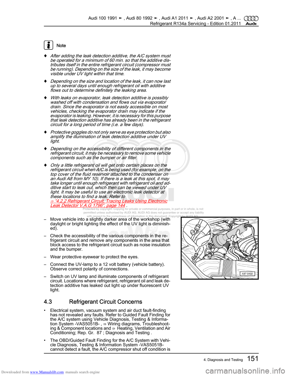 AUDI 100 1991 44 Refrigerant R134a Servising Workshop Manual Downloaded from www.Manualslib.com manuals search engine Protected by copyright. Copying for private or commercial purposes, in p\art or in whole, is not  
 permitted unless authorised by AUDI AG. AU