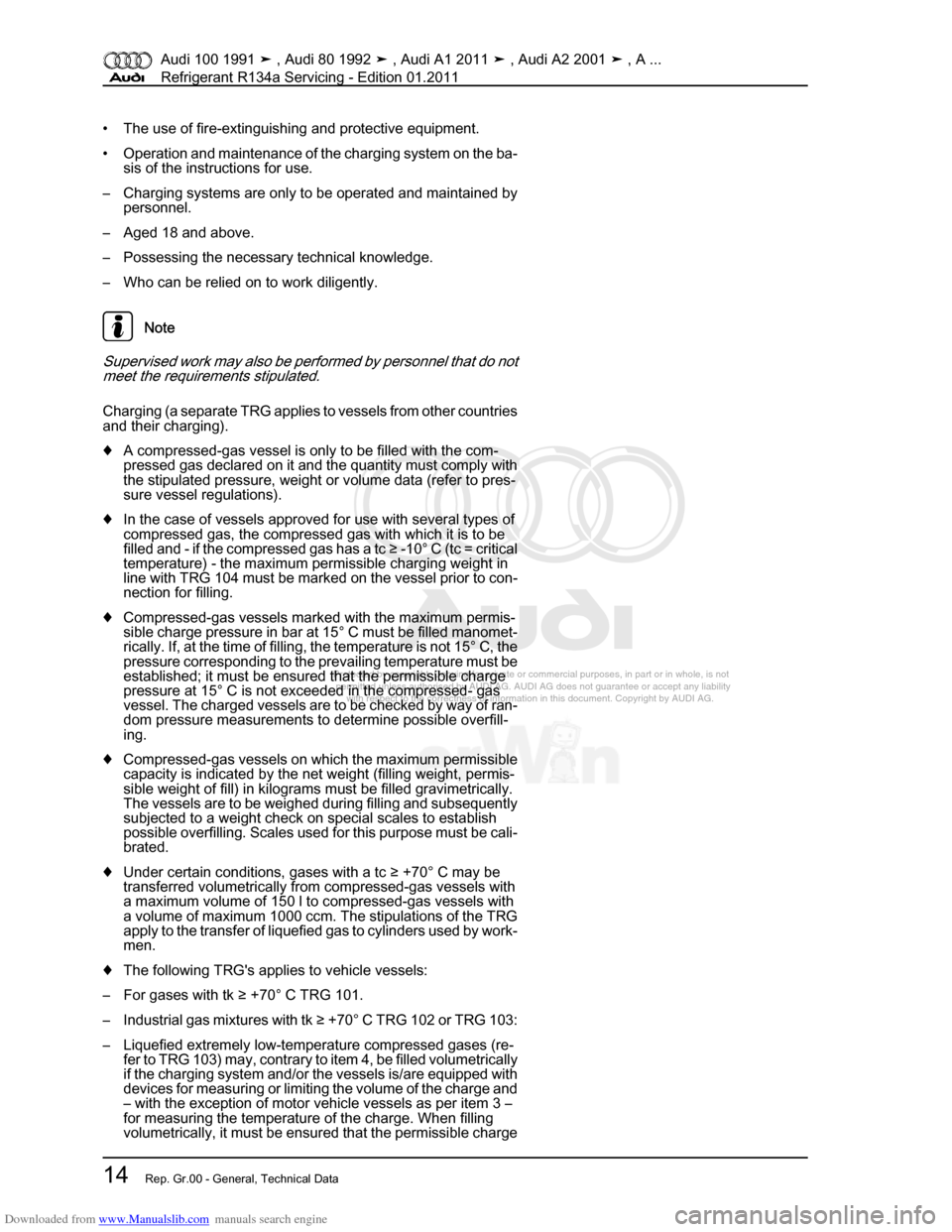 AUDI 100 1991 44 Refrigerant R134a Servising User Guide Downloaded from www.Manualslib.com manuals search engine Protected by copyright. Copying for private or commercial purposes, in p\
art or in whole, is not  
 permitted unless authorised by AUDI AG. AU