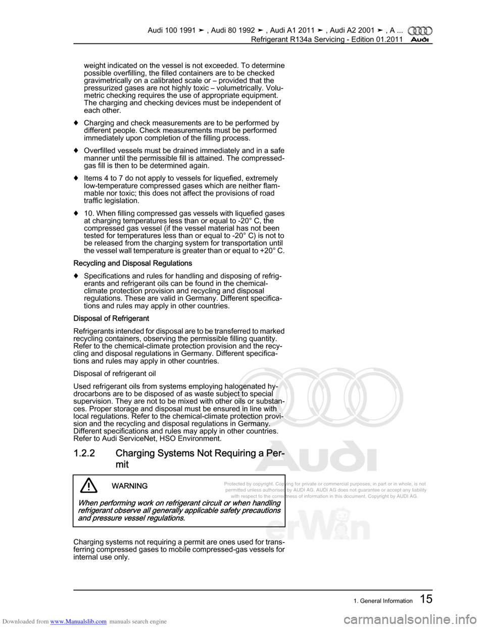 AUDI 100 1991 44 Refrigerant R134a Servising User Guide Downloaded from www.Manualslib.com manuals search engine Protected by copyright. Copying for private or commercial purposes, in p\
art or in whole, is not  
 permitted unless authorised by AUDI AG. AU
