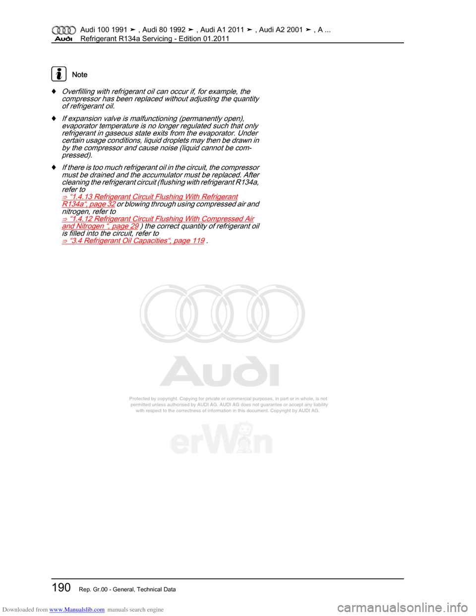 AUDI 100 1991 44 Refrigerant R134a Servising Workshop Manual Downloaded from www.Manualslib.com manuals search engine Protected by copyright. Copying for private or commercial purposes, in p\
art or in whole, is not  
 permitted unless authorised by AUDI AG. AU