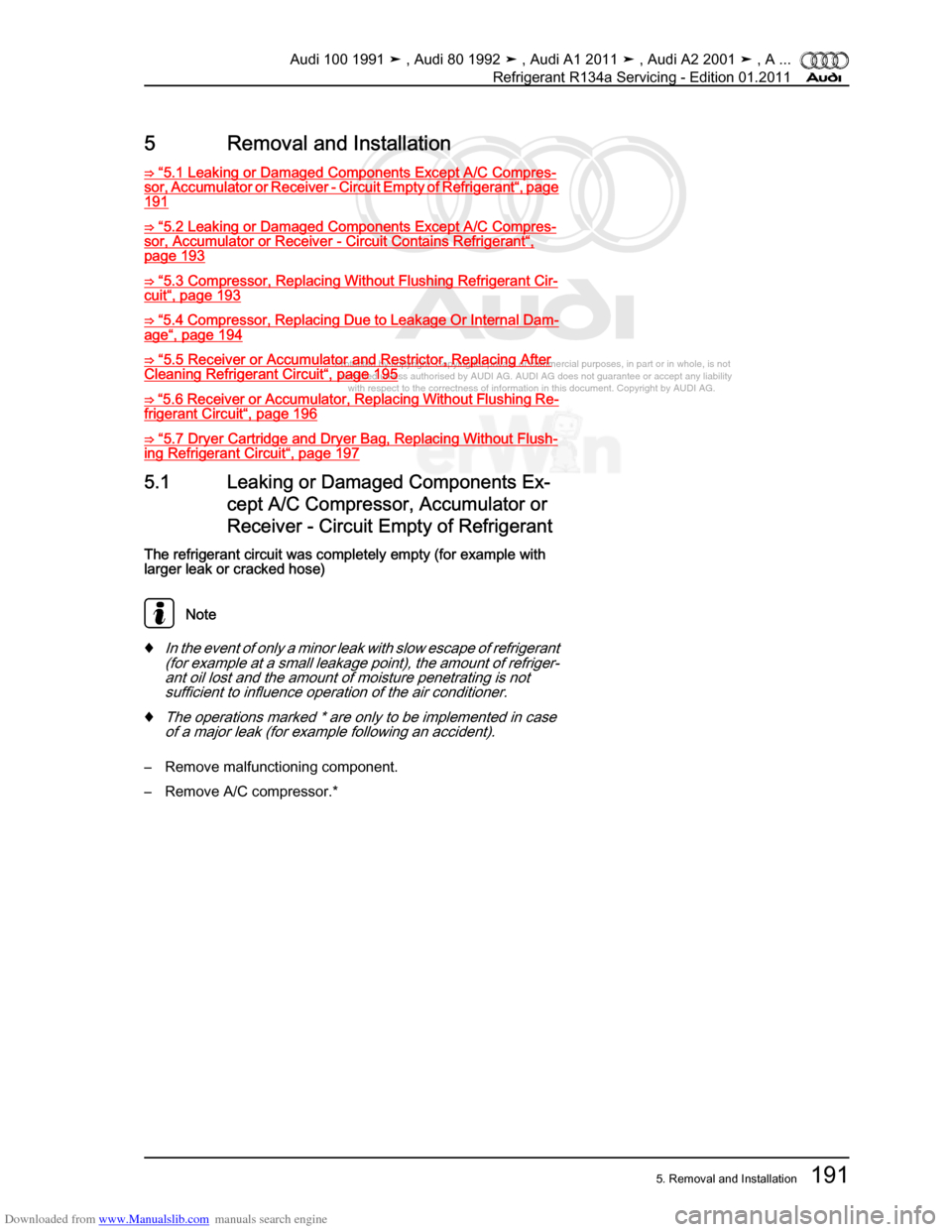 AUDI 100 1991 44 Refrigerant R134a Servising Workshop Manual Downloaded from www.Manualslib.com manuals search engine Protected by copyright. Copying for private or commercial purposes, in p\
art or in whole, is not  
 permitted unless authorised by AUDI AG. AU