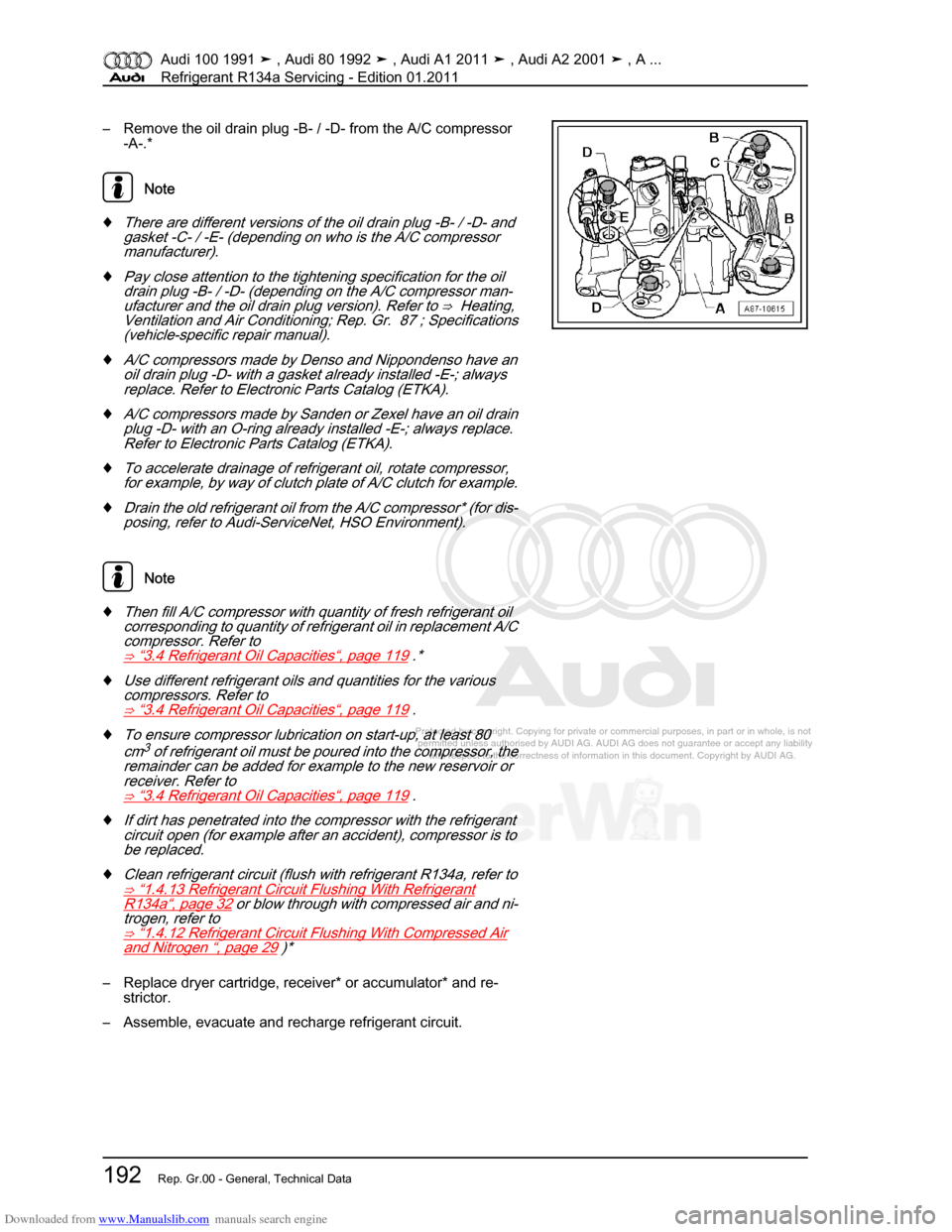 AUDI 100 1991 44 Refrigerant R134a Servising Workshop Manual Downloaded from www.Manualslib.com manuals search engine Protected by copyright. Copying for private or commercial purposes, in p\
art or in whole, is not  
 permitted unless authorised by AUDI AG. AU