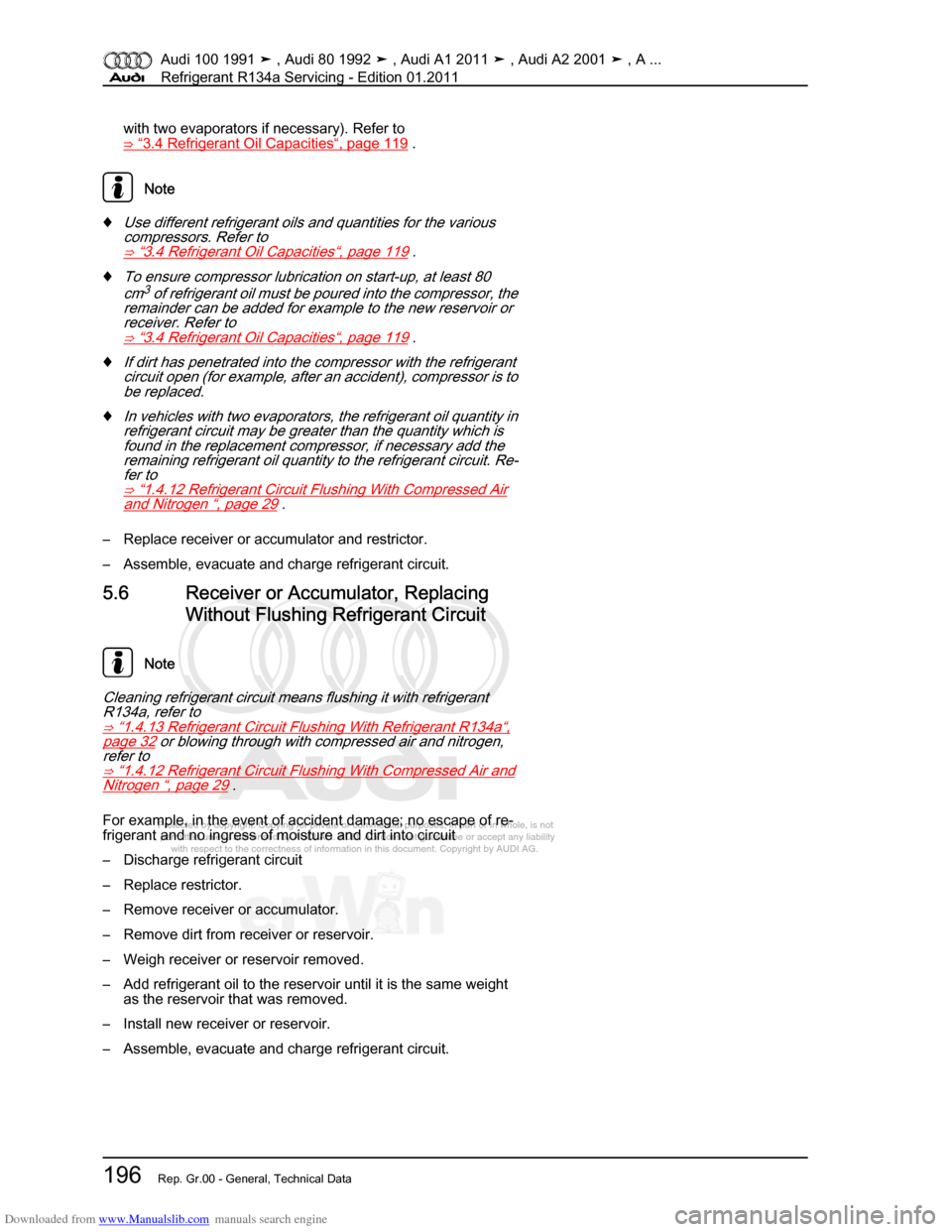 AUDI 100 1991 44 Refrigerant R134a Servising Workshop Manual Downloaded from www.Manualslib.com manuals search engine Protected by copyright. Copying for private or commercial purposes, in p\
art or in whole, is not  
 permitted unless authorised by AUDI AG. AU