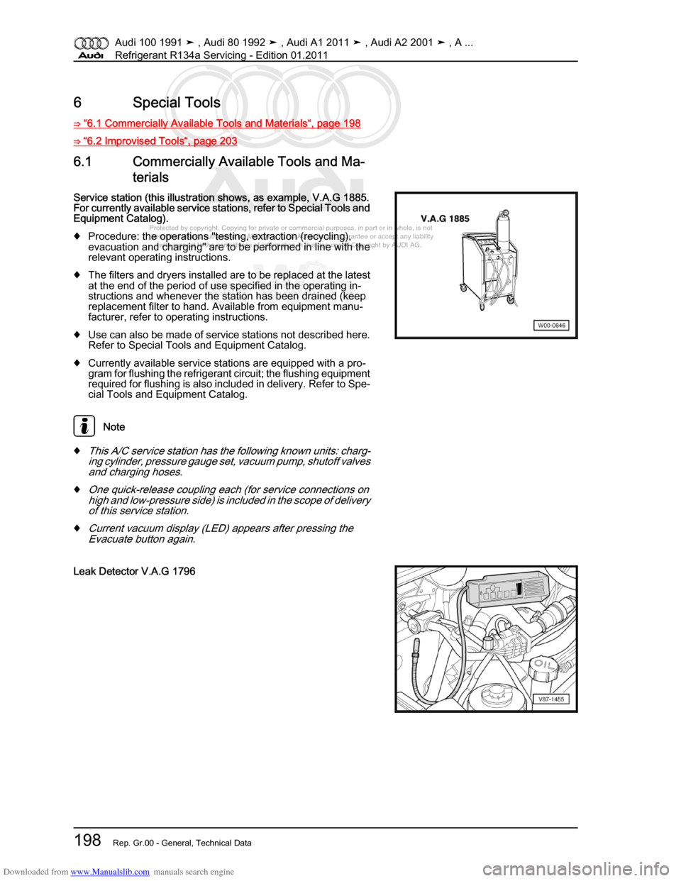 AUDI 100 1991 44 Refrigerant R134a Servising Workshop Manual Downloaded from www.Manualslib.com manuals search engine Protected by copyright. Copying for private or commercial purposes, in p\
art or in whole, is not
permitted unless authorised by AUDI AG. AU AUDI 100 1991 44 Refrigerant R134a Servising Workshop Manual Downloaded from www.Manualslib.com manuals search engine Protected by copyright. Copying for private or commercial purposes, in p\
art or in whole, is not
permitted unless authorised by AUDI AG. AU
