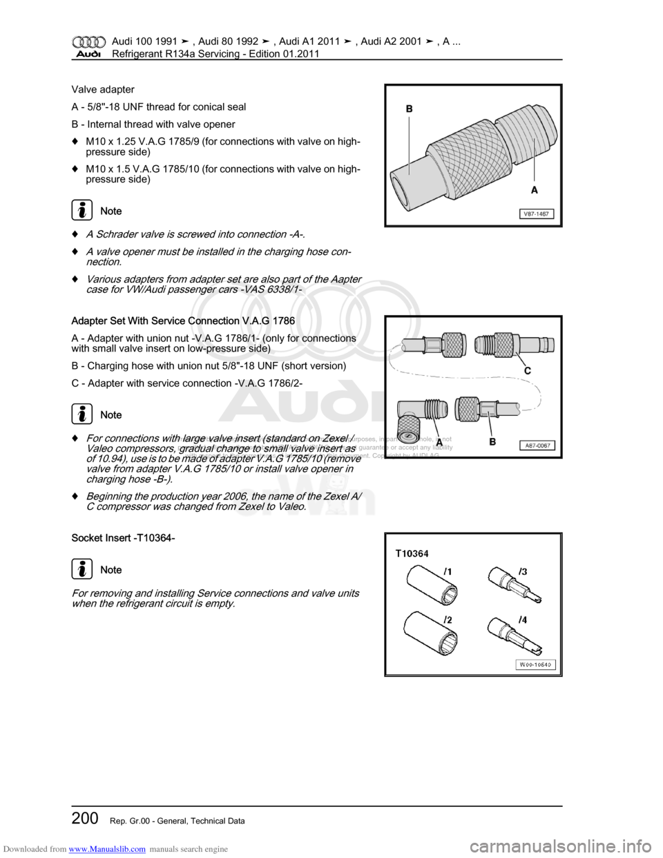 AUDI 100 1991 44 Refrigerant R134a Servising Workshop Manual Downloaded from www.Manualslib.com manuals search engine Protected by copyright. Copying for private or commercial purposes, in p\
art or in whole, is not  
 permitted unless authorised by AUDI AG. AU