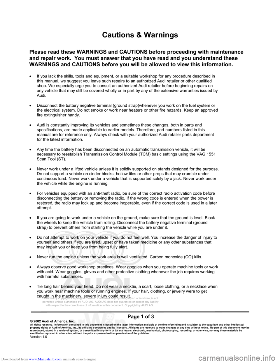 AUDI 100 1991 44 Refrigerant R134a Servising Workshop Manual Downloaded from www.Manualslib.com manuals search engine Protected by copyright. Copying for private or commercial purposes, in p\
art or in whole, is not
permitted unless authorised by AUDI AG. AU AUDI 100 1991 44 Refrigerant R134a Servising Workshop Manual Downloaded from www.Manualslib.com manuals search engine Protected by copyright. Copying for private or commercial purposes, in p\
art or in whole, is not
permitted unless authorised by AUDI AG. AU