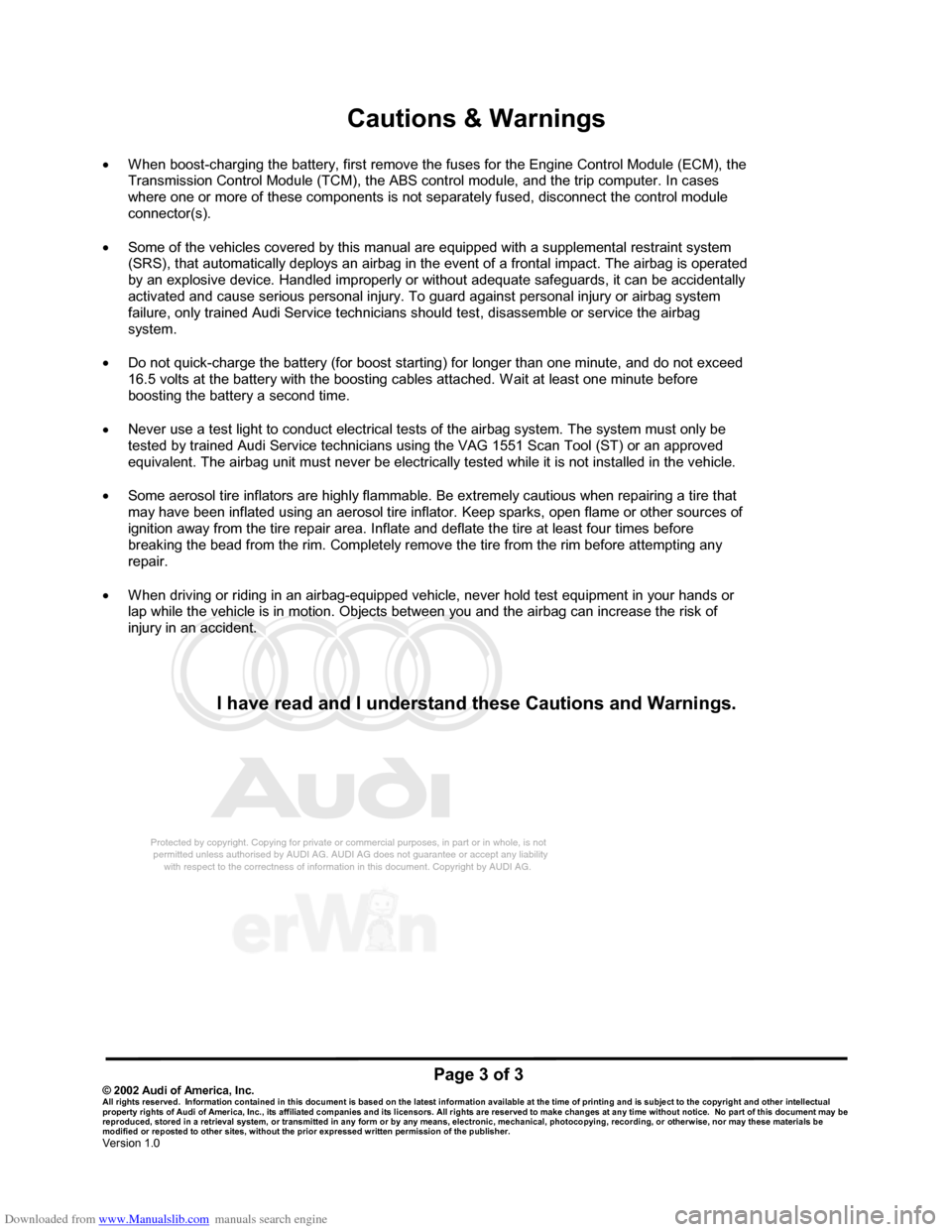 AUDI 100 1991 44 Refrigerant R134a Servising Workshop Manual Downloaded from www.Manualslib.com manuals search engine Protected by copyright. Copying for private or commercial purposes, in p\
art or in whole, is not
permitted unless authorised by AUDI AG. AU AUDI 100 1991 44 Refrigerant R134a Servising Workshop Manual Downloaded from www.Manualslib.com manuals search engine Protected by copyright. Copying for private or commercial purposes, in p\
art or in whole, is not
permitted unless authorised by AUDI AG. AU