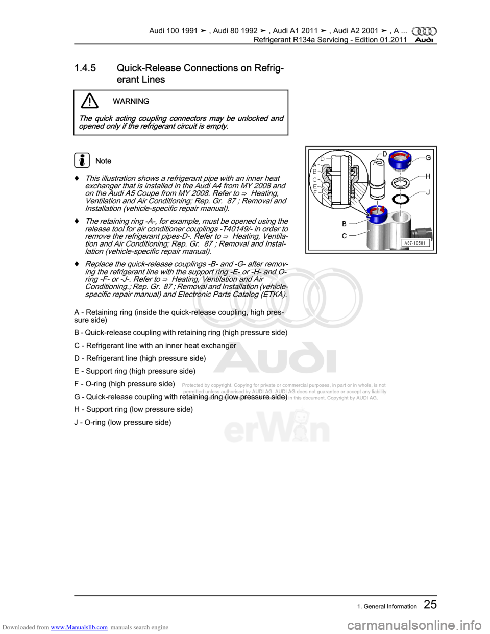 AUDI 100 1991 44 Refrigerant R134a Servising Owners Manual Downloaded from www.Manualslib.com manuals search engine Protected by copyright. Copying for private or commercial purposes, in p\
art or in whole, is not  
 permitted unless authorised by AUDI AG. AU