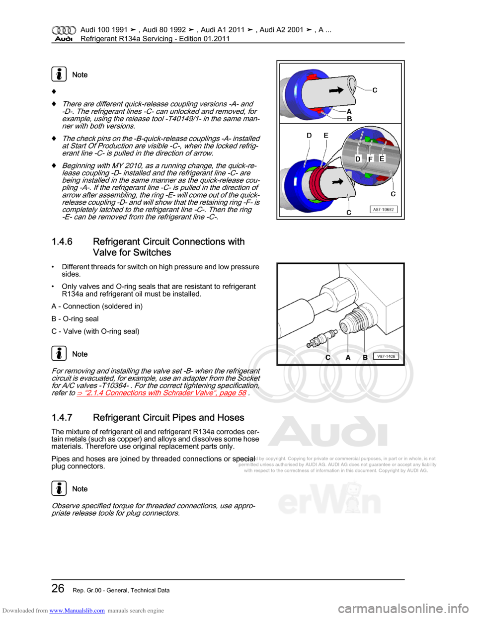 AUDI 100 1991 44 Refrigerant R134a Servising Owners Manual Downloaded from www.Manualslib.com manuals search engine Protected by copyright. Copying for private or commercial purposes, in p\
art or in whole, is not  
 permitted unless authorised by AUDI AG. AU