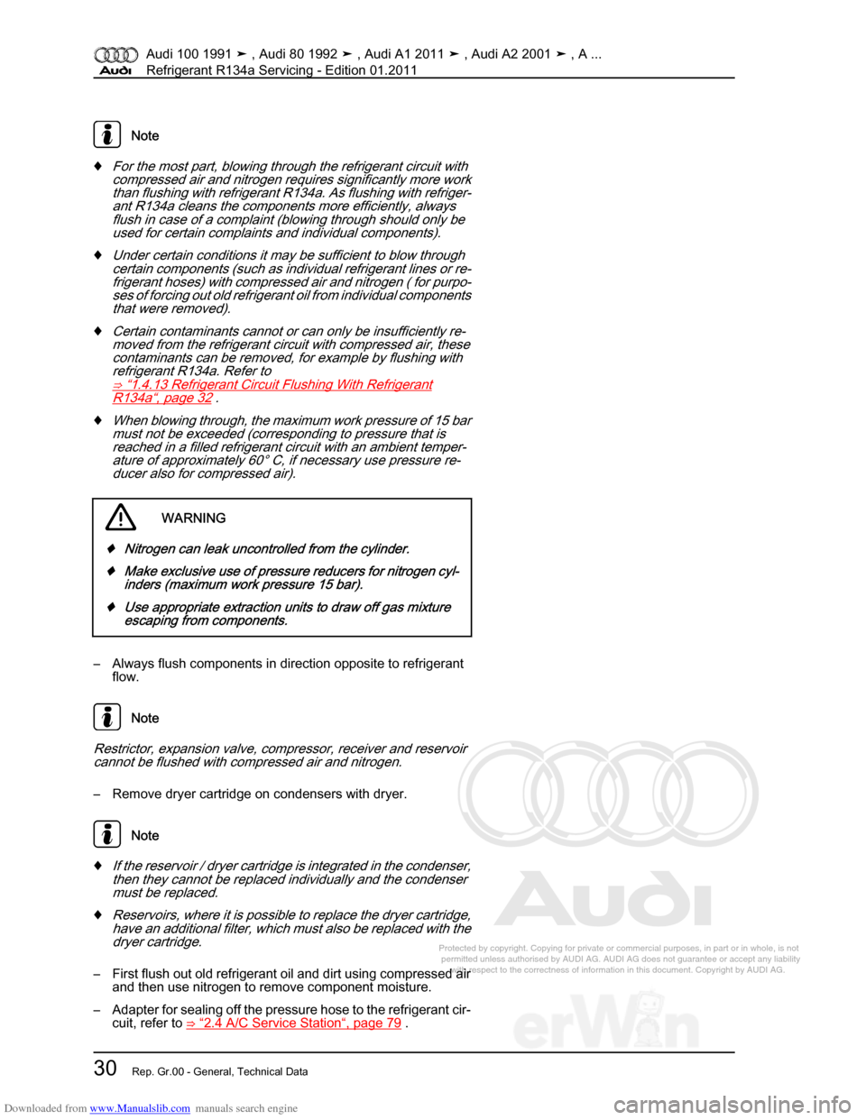 AUDI 100 1991 44 Refrigerant R134a Servising Owners Guide Downloaded from www.Manualslib.com manuals search engine Protected by copyright. Copying for private or commercial purposes, in p\
art or in whole, is not  
 permitted unless authorised by AUDI AG. AU