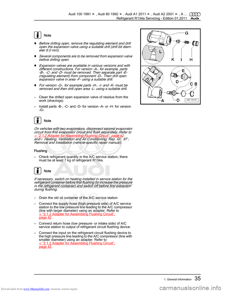 AUDI 100 1991 44 Refrigerant R134a Servising Owners Guide Downloaded from www.Manualslib.com manuals search engine Protected by copyright. Copying for private or commercial purposes, in p\
art or in whole, is not  
 permitted unless authorised by AUDI AG. AU