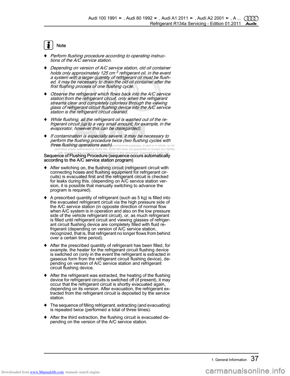 AUDI 100 1991 44 Refrigerant R134a Servising Service Manual Downloaded from www.Manualslib.com manuals search engine Protected by copyright. Copying for private or commercial purposes, in p\
art or in whole, is not  
 permitted unless authorised by AUDI AG. AU