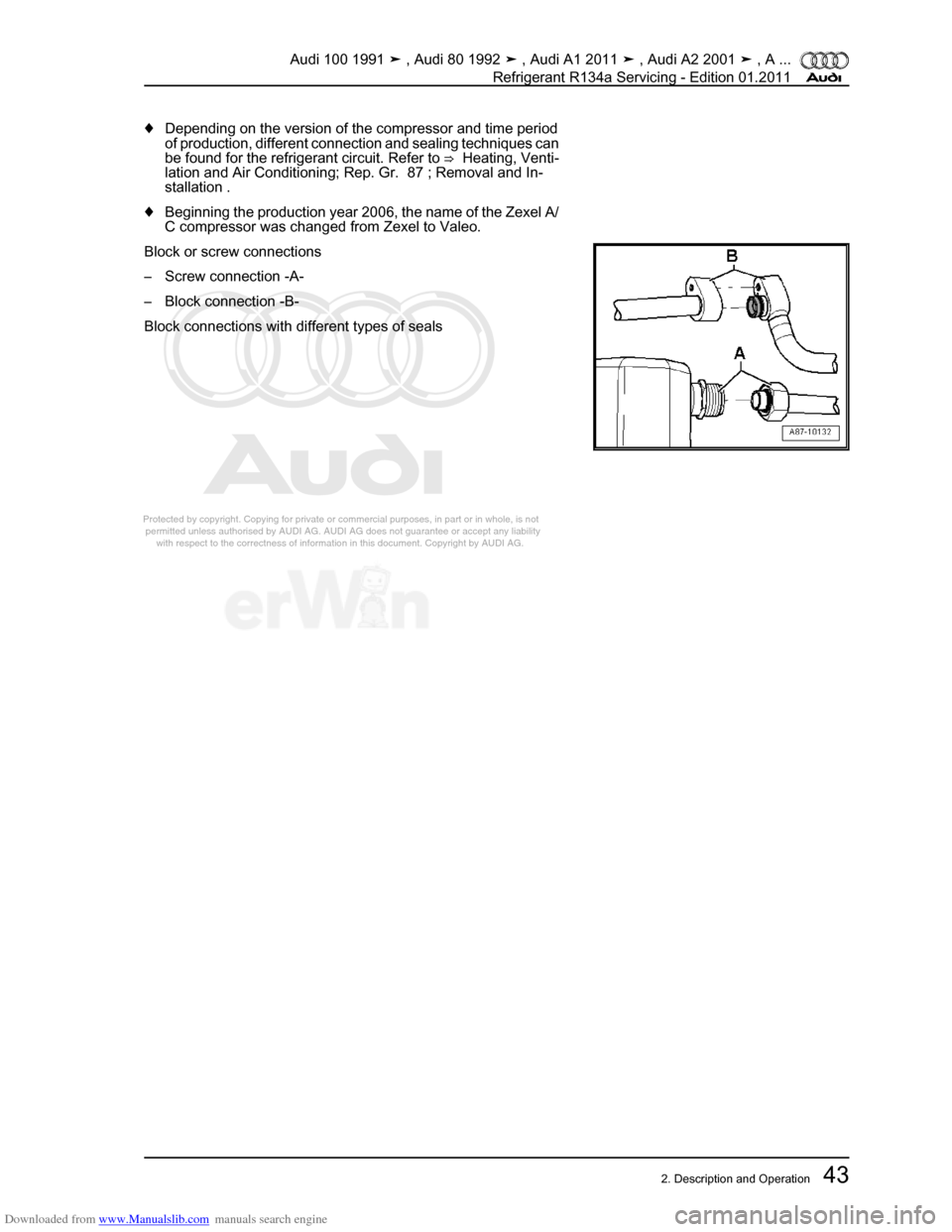 AUDI 100 1991 44 Refrigerant R134a Servising Service Manual Downloaded from www.Manualslib.com manuals search engine Protected by copyright. Copying for private or commercial purposes, in p\
art or in whole, is not  
 permitted unless authorised by AUDI AG. AU