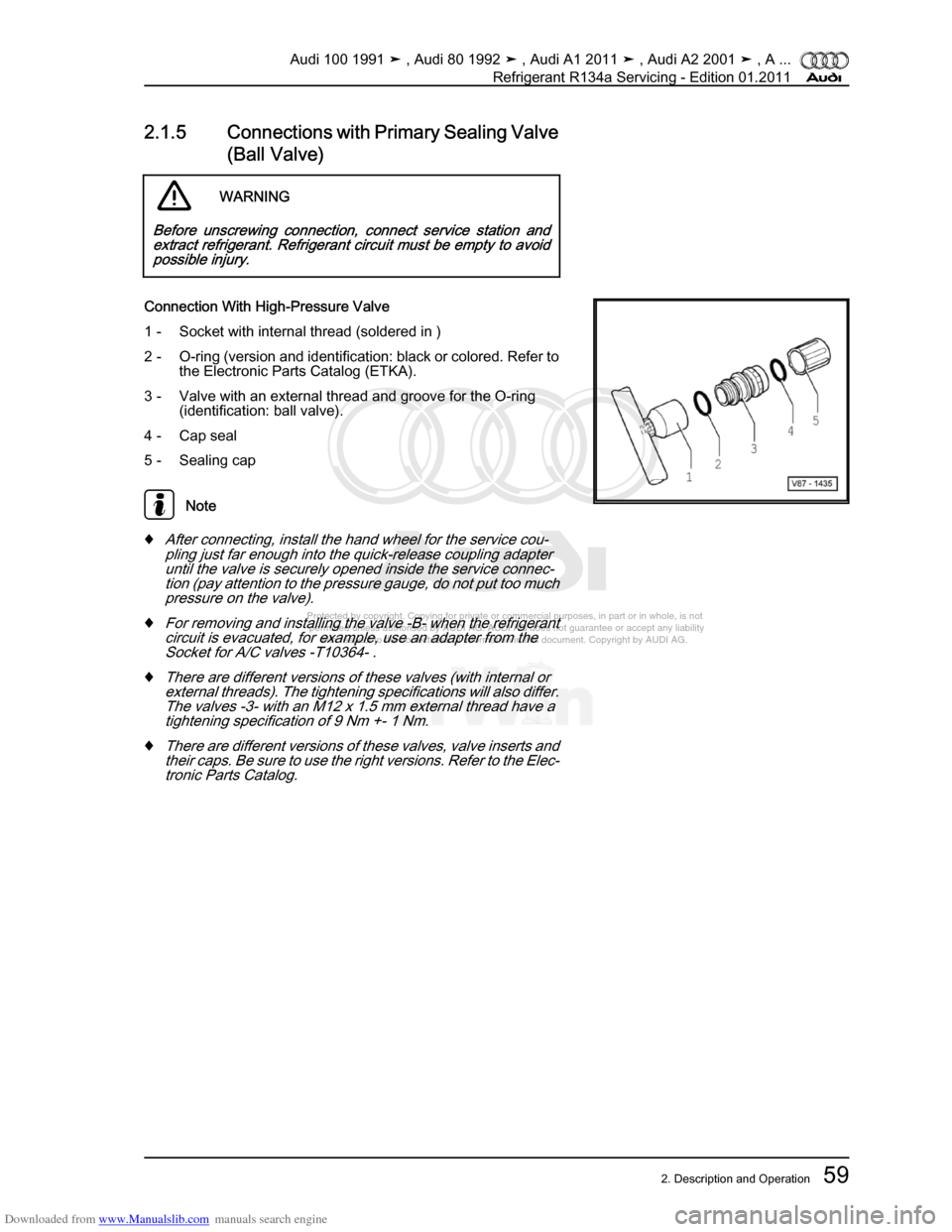 AUDI 100 1991 44 Refrigerant R134a Servising Repair Manual Downloaded from www.Manualslib.com manuals search engine Protected by copyright. Copying for private or commercial purposes, in p\
art or in whole, is not  
 permitted unless authorised by AUDI AG. AU