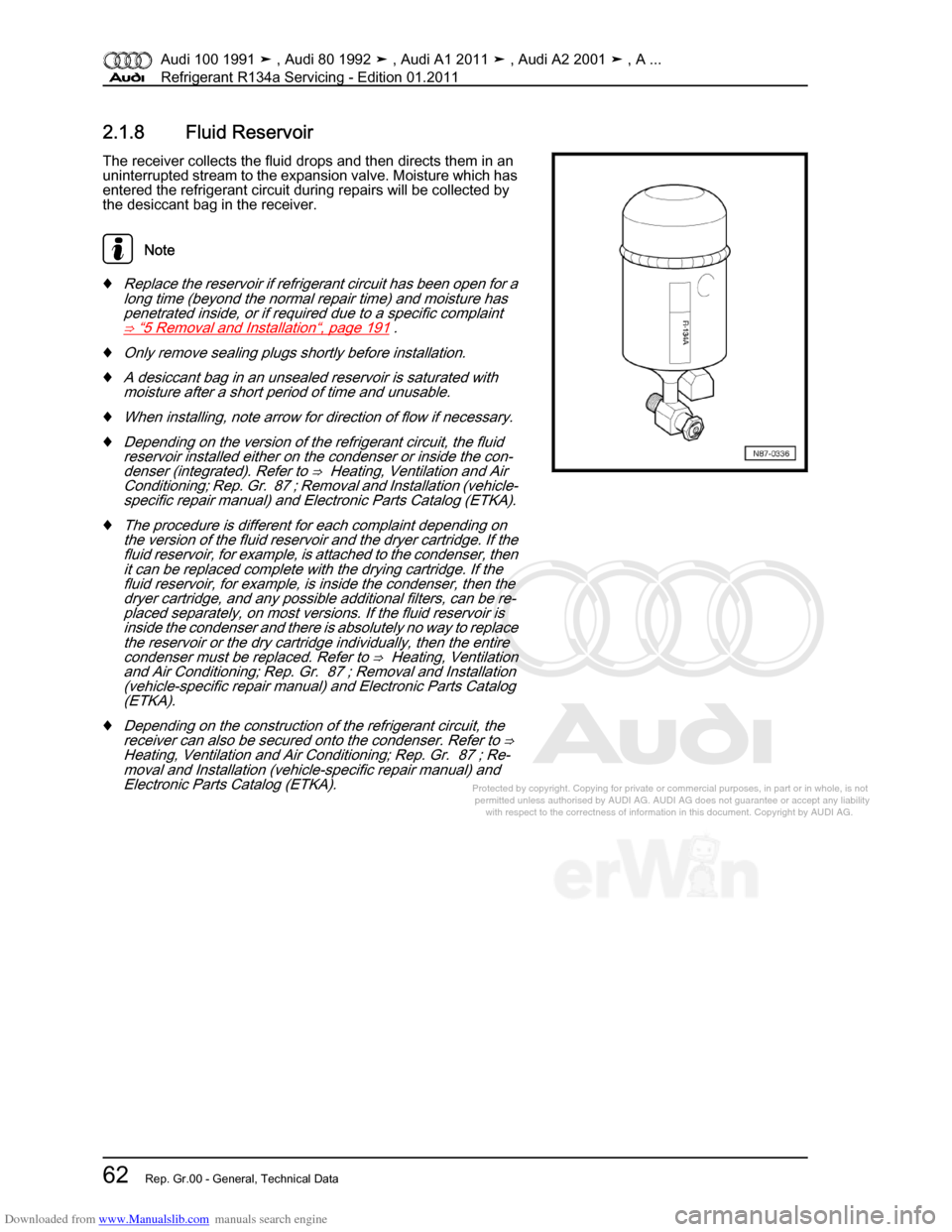 AUDI 100 1991 44 Refrigerant R134a Servising Repair Manual Downloaded from www.Manualslib.com manuals search engine Protected by copyright. Copying for private or commercial purposes, in p\
art or in whole, is not  
 permitted unless authorised by AUDI AG. AU