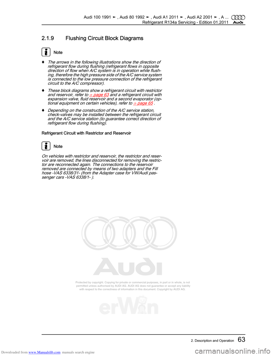 AUDI 100 1991 44 Refrigerant R134a Servising Repair Manual Downloaded from www.Manualslib.com manuals search engine Protected by copyright. Copying for private or commercial purposes, in p\
art or in whole, is not  
 permitted unless authorised by AUDI AG. AU