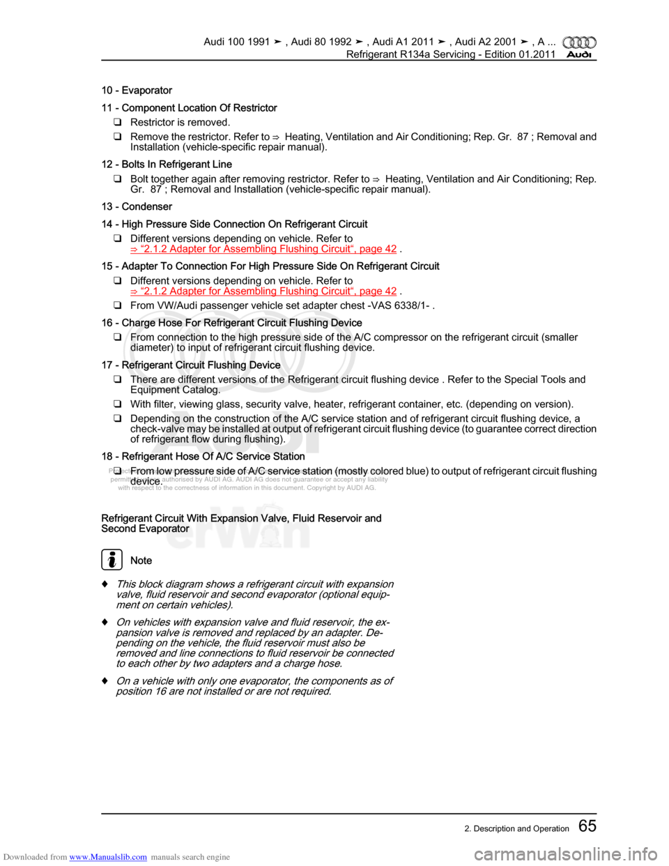 AUDI 100 1991 44 Refrigerant R134a Servising Repair Manual Downloaded from www.Manualslib.com manuals search engine Protected by copyright. Copying for private or commercial purposes, in p\
art or in whole, is not  
 permitted unless authorised by AUDI AG. AU