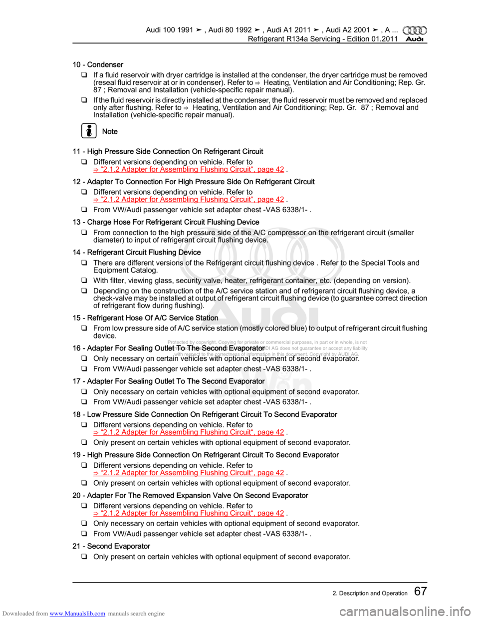 AUDI 100 1991 44 Refrigerant R134a Servising Manual PDF Downloaded from www.Manualslib.com manuals search engine Protected by copyright. Copying for private or commercial purposes, in p\
art or in whole, is not  
 permitted unless authorised by AUDI AG. AU