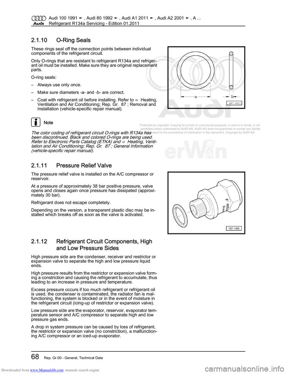 AUDI 100 1991 44 Refrigerant R134a Servising Manual PDF Downloaded from www.Manualslib.com manuals search engine Protected by copyright. Copying for private or commercial purposes, in p\
art or in whole, is not  
 permitted unless authorised by AUDI AG. AU