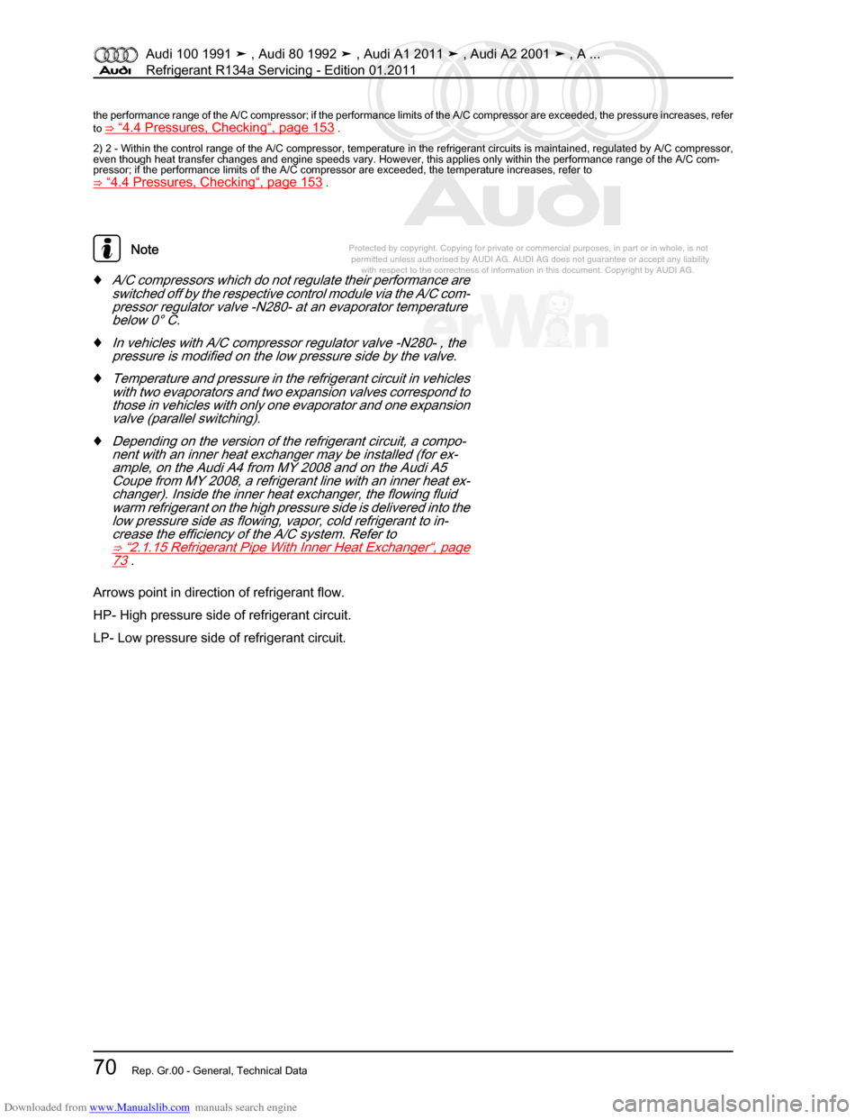 AUDI 100 1991 44 Refrigerant R134a Servising Manual PDF Downloaded from www.Manualslib.com manuals search engine Protected by copyright. Copying for private or commercial purposes, in p\
art or in whole, is not  
 permitted unless authorised by AUDI AG. AU