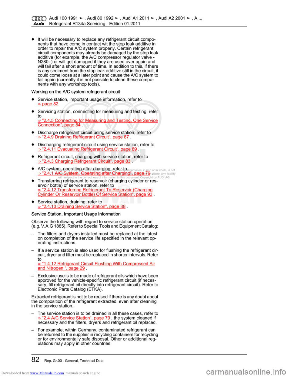 AUDI 100 1991 44 Refrigerant R134a Servising Manual Online Downloaded from www.Manualslib.com manuals search engine Protected by copyright. Copying for private or commercial purposes, in p\
art or in whole, is not  
 permitted unless authorised by AUDI AG. AU