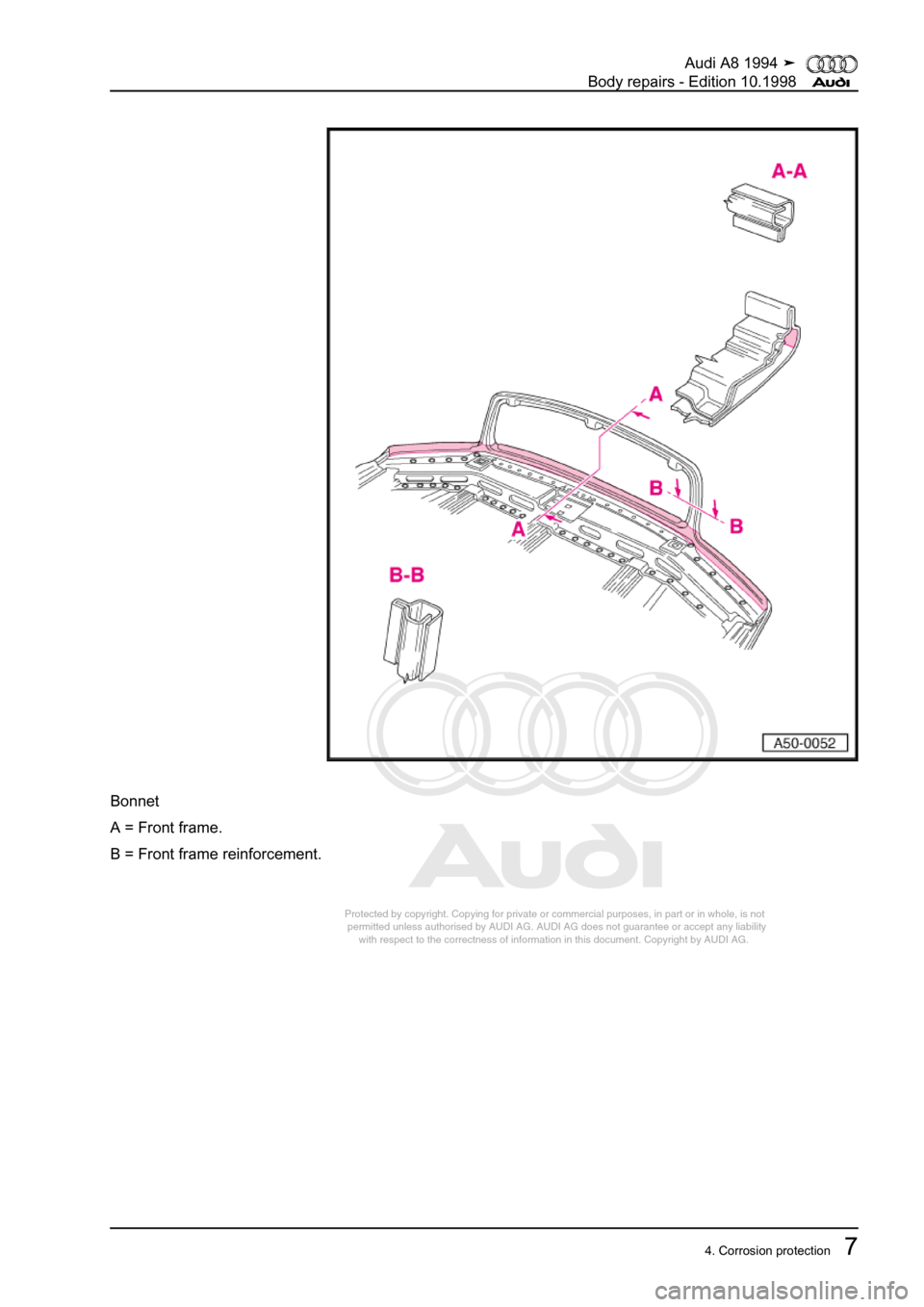 AUDI A8 1994 D4 / 1.G Body Repairs User Guide 
Protected by copyright. Copying for private or commercial purposes, in p\
art or in whole, is not 
 permitted unless authorised by AUDI AG. AUDI AG does not guarantee or a\
ccept any liability 
     