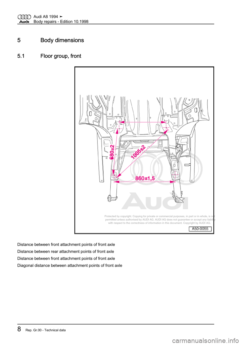 AUDI A8 1994 D4 / 1.G Body Repairs User Guide 
Protected by copyright. Copying for private or commercial purposes, in p\
art or in whole, is not 
 permitted unless authorised by AUDI AG. AUDI AG does not guarantee or a\
ccept any liability 
     