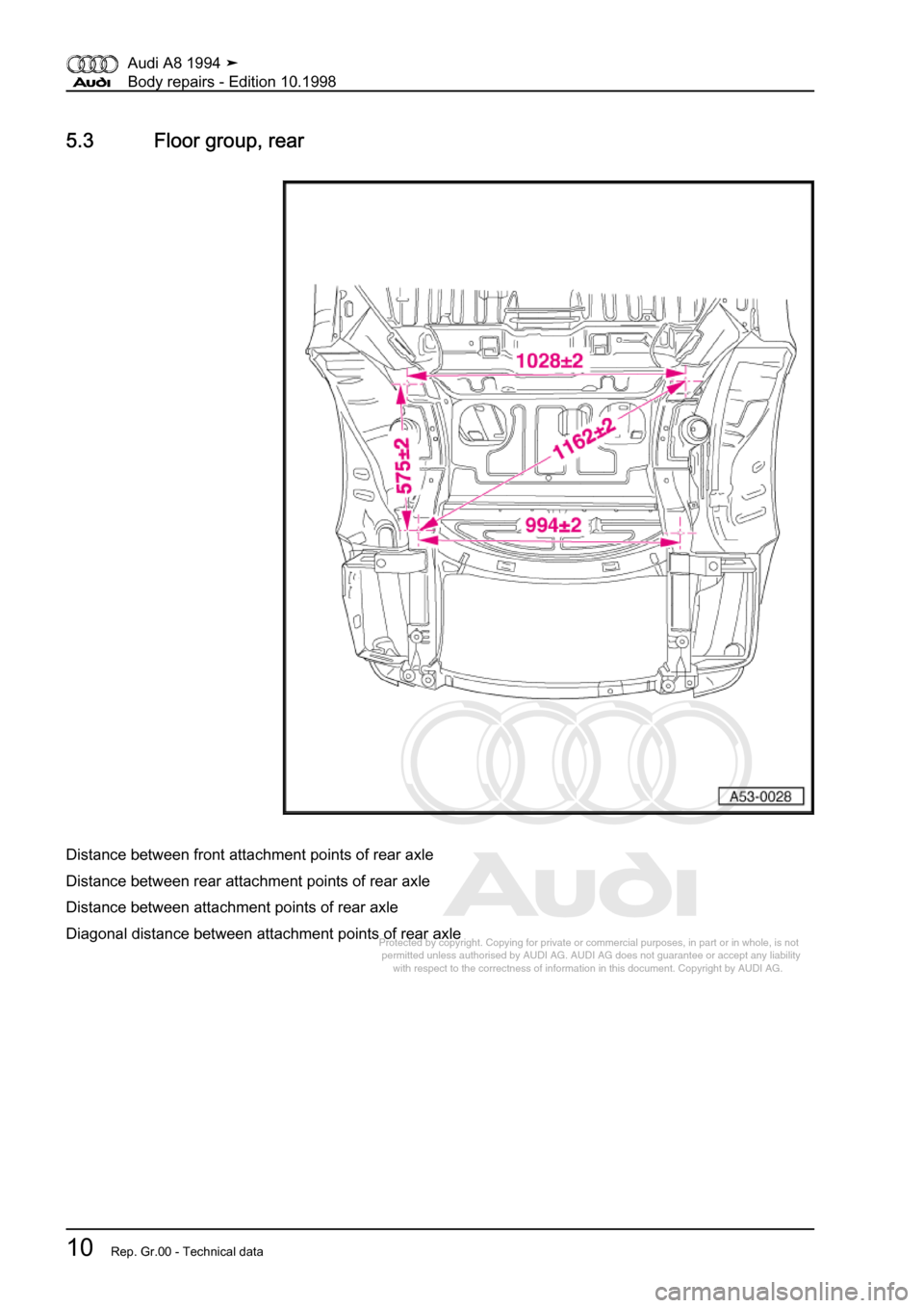 AUDI A8 1994 D4 / 1.G Body Repairs User Guide 
Protected by copyright. Copying for private or commercial purposes, in p\
art or in whole, is not 
 permitted unless authorised by AUDI AG. AUDI AG does not guarantee or a\
ccept any liability 
     