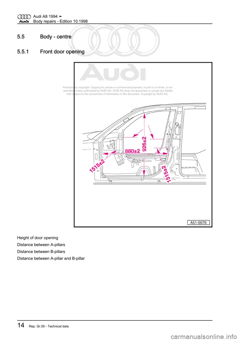 AUDI A8 1994 D4 / 1.G Body Repairs User Guide 
Protected by copyright. Copying for private or commercial purposes, in p\
art or in whole, is not 
 permitted unless authorised by AUDI AG. AUDI AG does not guarantee or a\
ccept any liability 
     