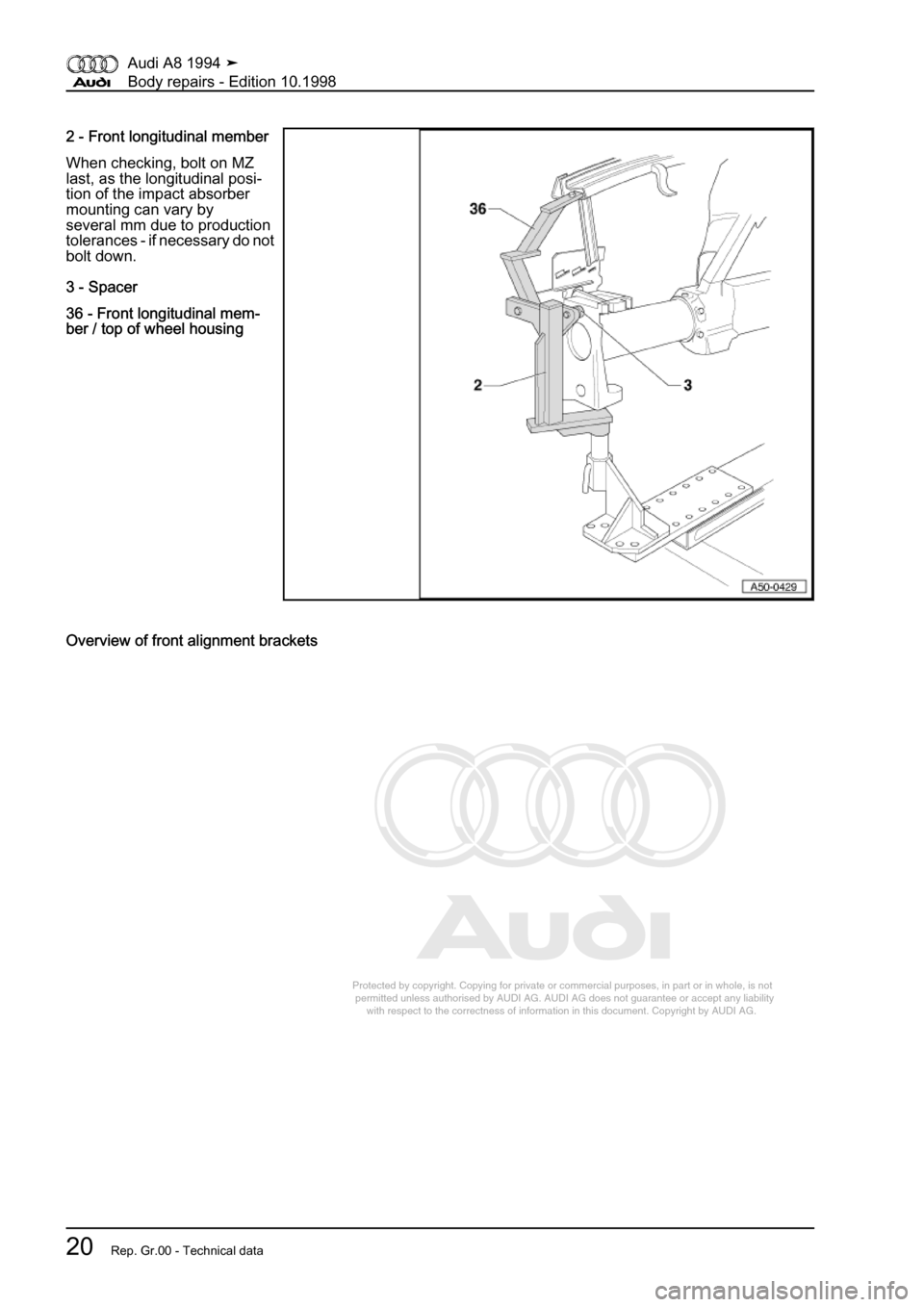 AUDI A8 1994 D4 / 1.G Body Repairs Owners Manual 
Protected by copyright. Copying for private or commercial purposes, in p\
art or in whole, is not 
 permitted unless authorised by AUDI AG. AUDI AG does not guarantee or a\
ccept any liability 
     