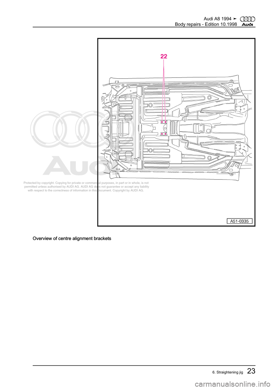 AUDI A8 1994 D4 / 1.G Body Repairs Owners Manual 
Protected by copyright. Copying for private or commercial purposes, in p\
art or in whole, is not 
 permitted unless authorised by AUDI AG. AUDI AG does not guarantee or a\
ccept any liability 
     