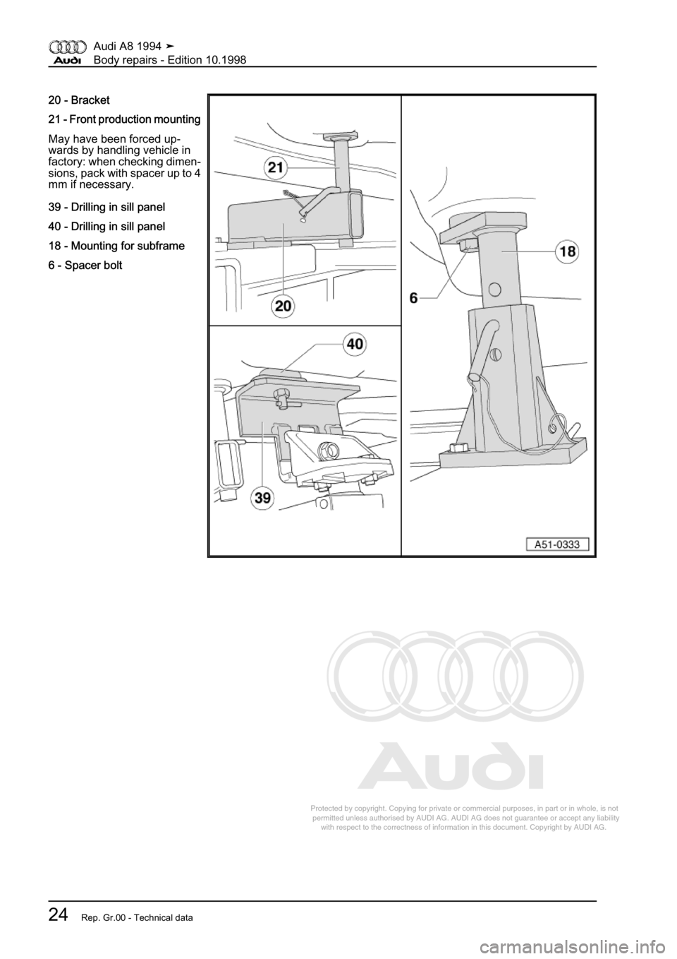 AUDI A8 1994 D4 / 1.G Body Repairs Owners Manual 
Protected by copyright. Copying for private or commercial purposes, in p\
art or in whole, is not 
 permitted unless authorised by AUDI AG. AUDI AG does not guarantee or a\
ccept any liability 
     