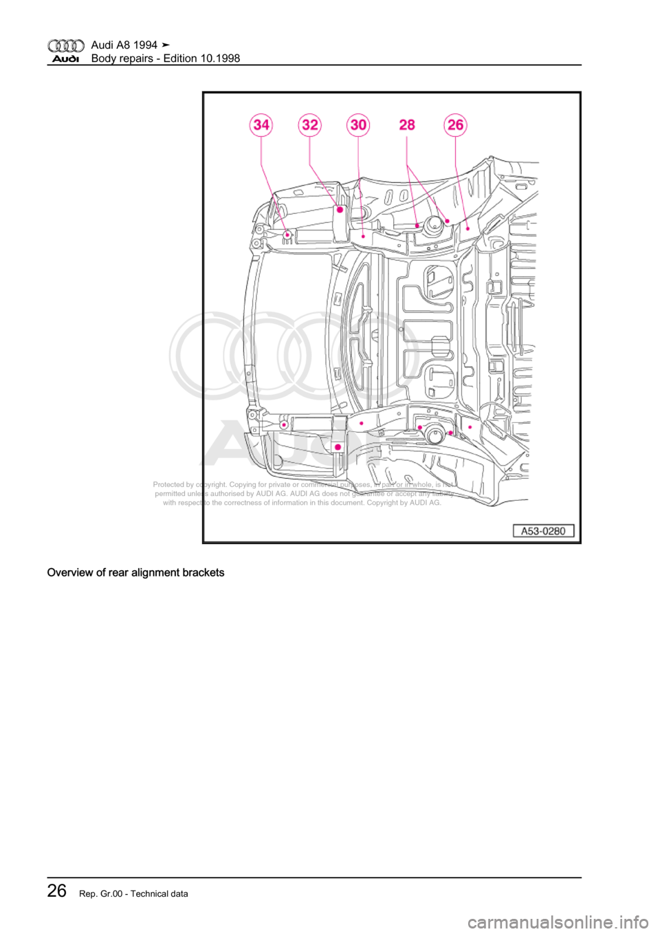 AUDI A8 1994 D4 / 1.G Body Repairs Owners Manual 
Protected by copyright. Copying for private or commercial purposes, in p\
art or in whole, is not 
 permitted unless authorised by AUDI AG. AUDI AG does not guarantee or a\
ccept any liability 
     