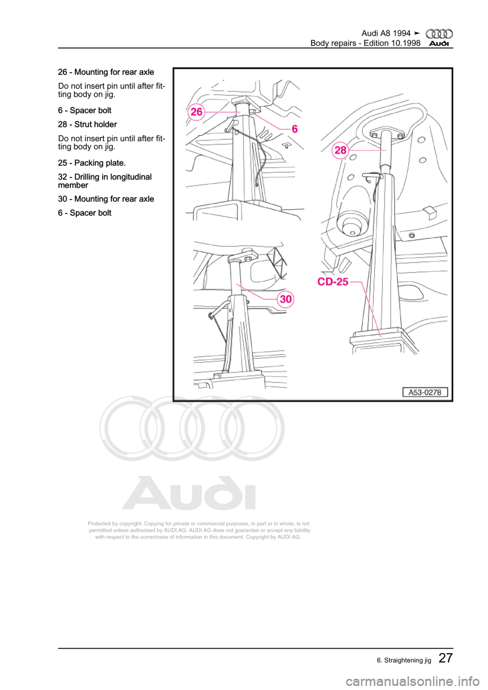 AUDI A8 1994 D4 / 1.G Body Repairs Owners Guide 
Protected by copyright. Copying for private or commercial purposes, in p\
art or in whole, is not 
 permitted unless authorised by AUDI AG. AUDI AG does not guarantee or a\
ccept any liability 
     