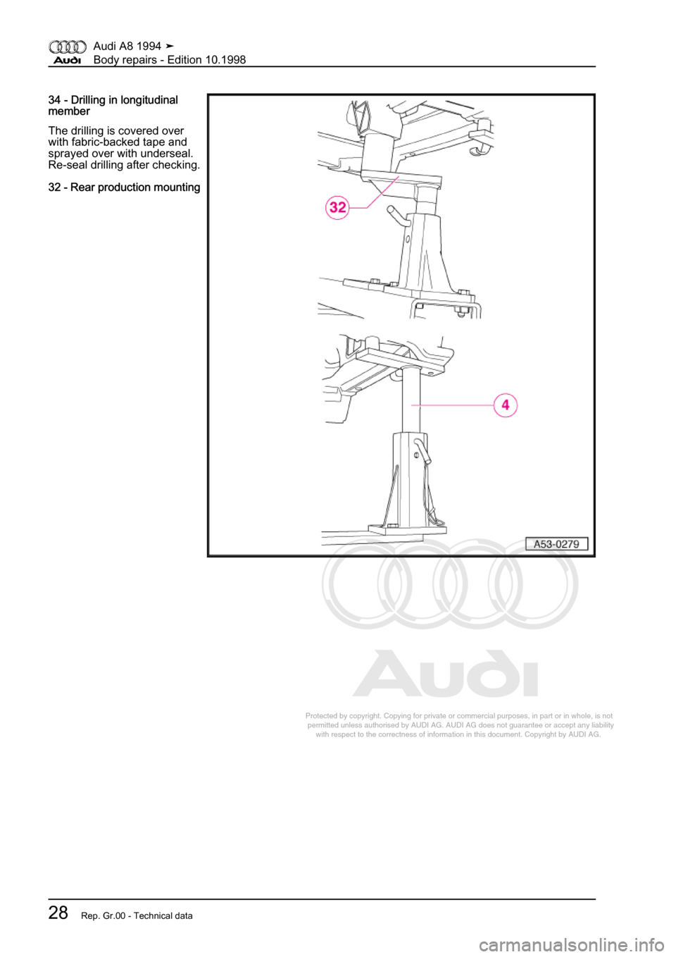 AUDI A8 1994 D4 / 1.G Body Repairs Owners Guide 
Protected by copyright. Copying for private or commercial purposes, in p\
art or in whole, is not 
 permitted unless authorised by AUDI AG. AUDI AG does not guarantee or a\
ccept any liability 
     