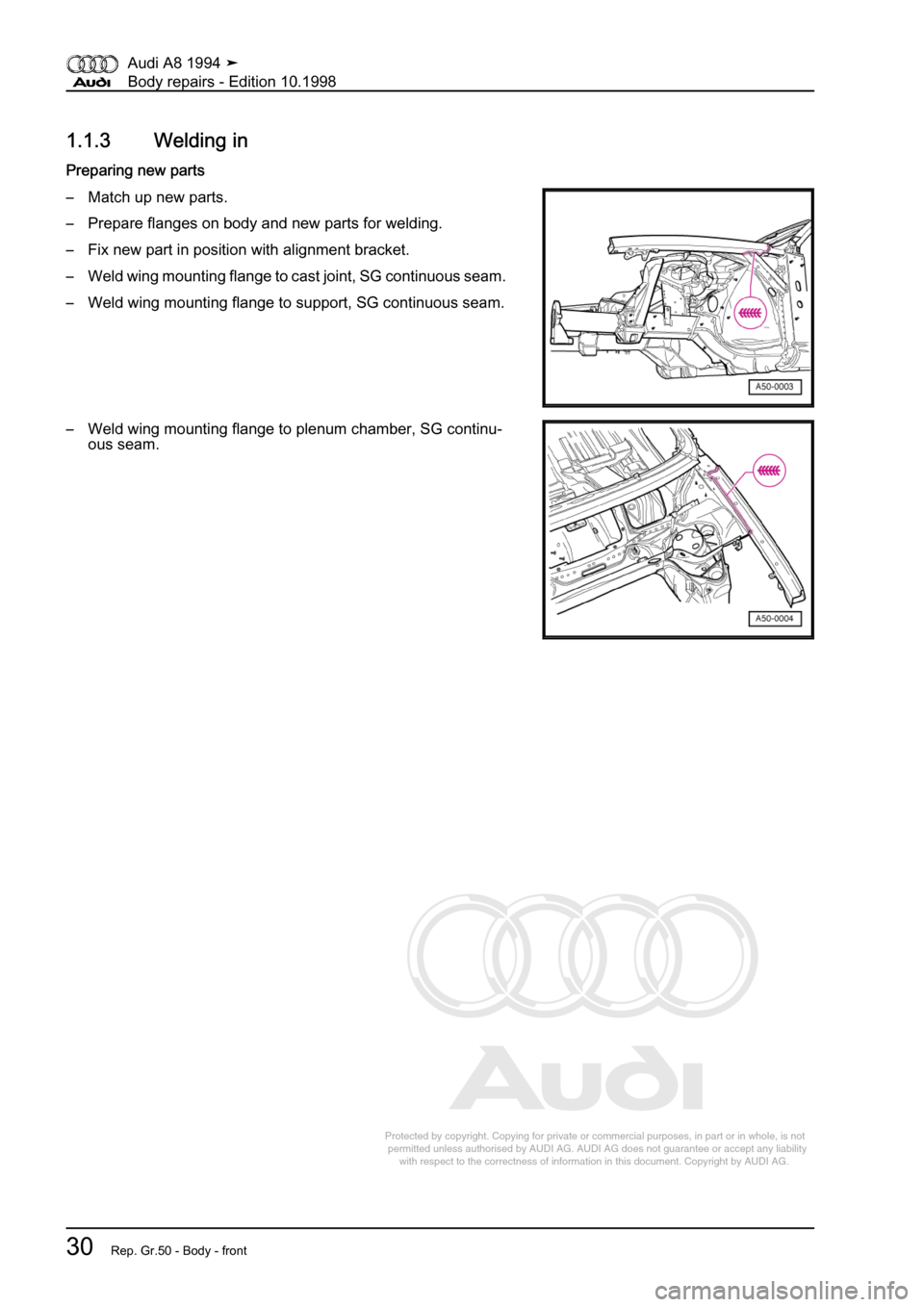 AUDI A8 1994 D4 / 1.G Body Repairs Owners Guide 
Protected by copyright. Copying for private or commercial purposes, in p\
art or in whole, is not 
 permitted unless authorised by AUDI AG. AUDI AG does not guarantee or a\
ccept any liability 
     