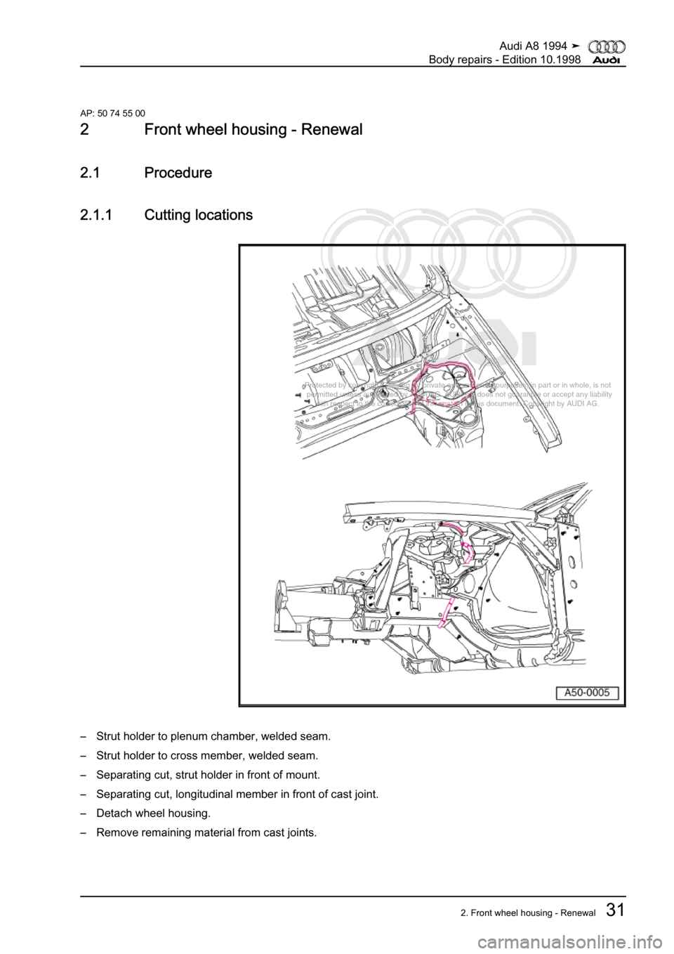 AUDI A8 1994 D4 / 1.G Body Repairs Owners Guide 
Protected by copyright. Copying for private or commercial purposes, in p\
art or in whole, is not 
 permitted unless authorised by AUDI AG. AUDI AG does not guarantee or a\
ccept any liability 
     