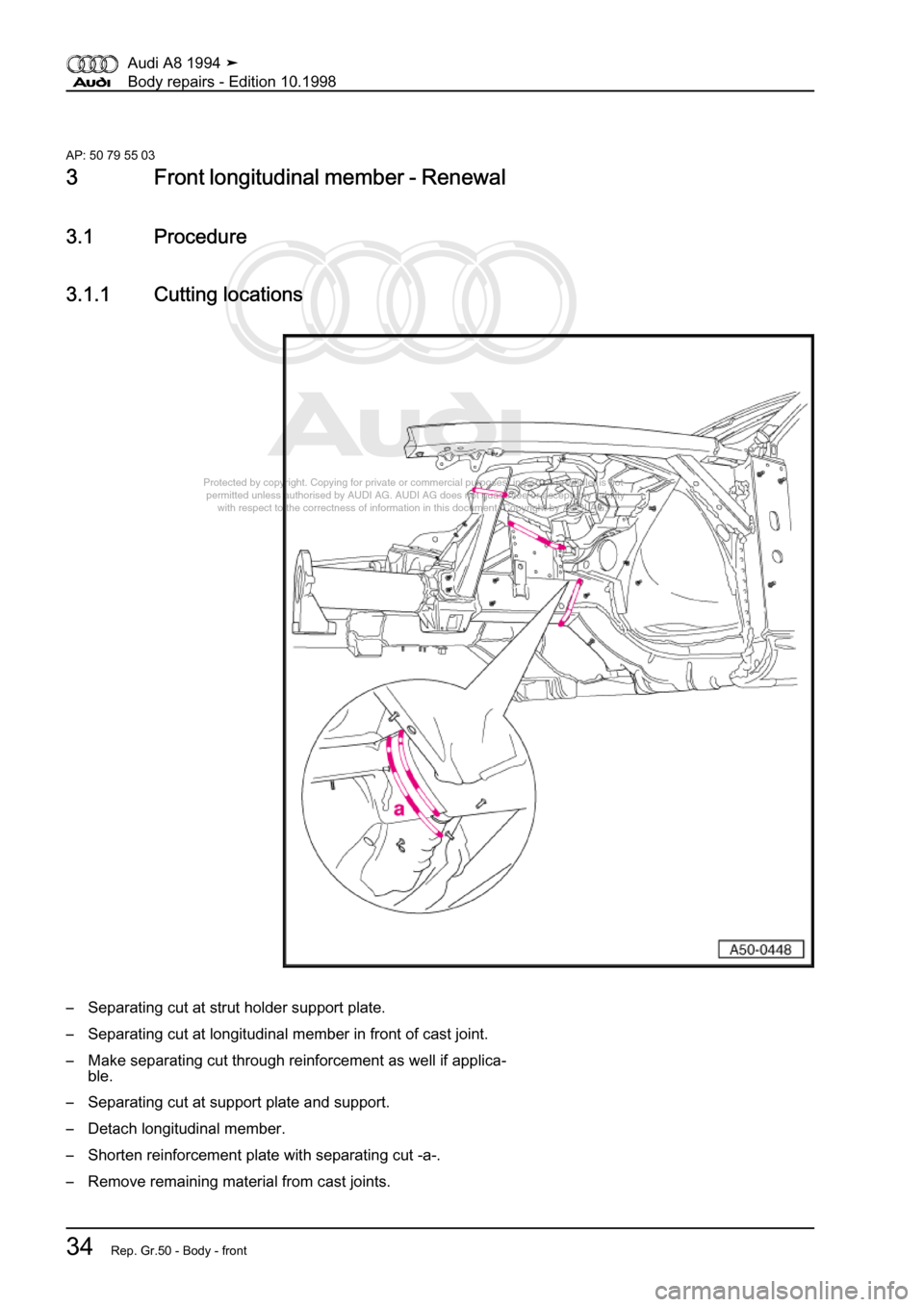 AUDI A8 1994 D4 / 1.G Body Repairs Owners Guide 
Protected by copyright. Copying for private or commercial purposes, in p\
art or in whole, is not 
 permitted unless authorised by AUDI AG. AUDI AG does not guarantee or a\
ccept any liability 
     