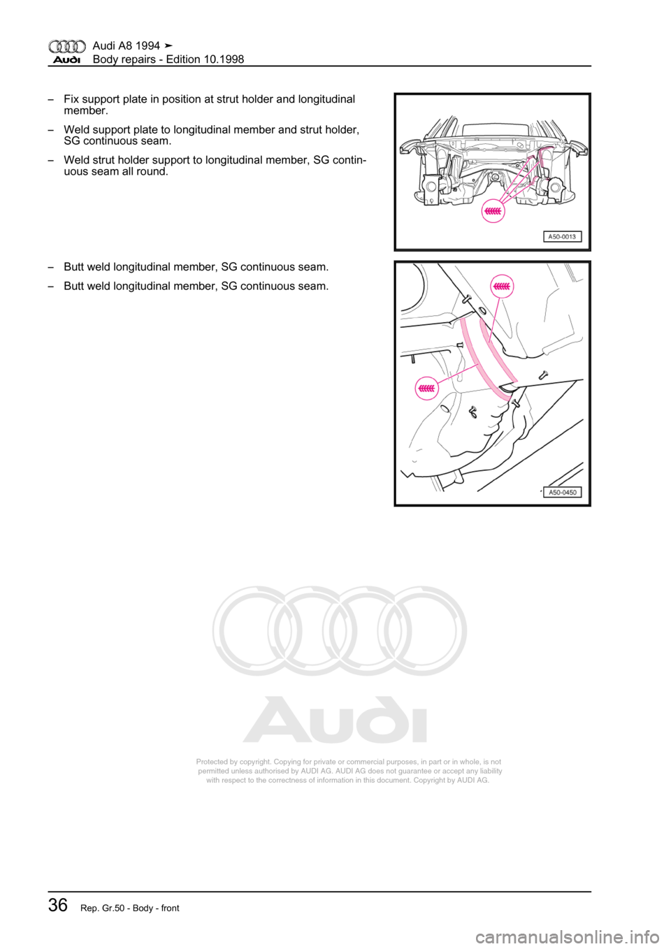 AUDI A8 1994 D4 / 1.G Body Repairs Owners Guide 
Protected by copyright. Copying for private or commercial purposes, in p\
art or in whole, is not 
 permitted unless authorised by AUDI AG. AUDI AG does not guarantee or a\
ccept any liability 
     